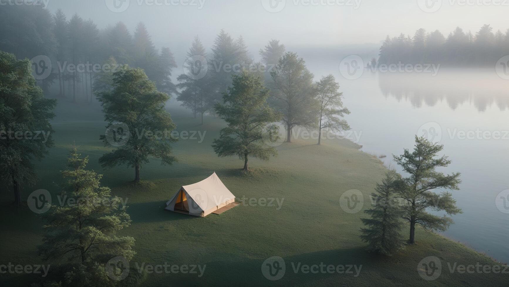 A tent is set up on the grass next to a lake photo