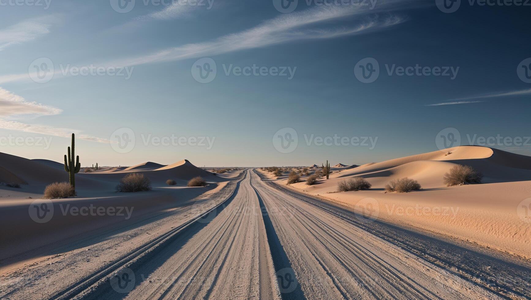A desert road with snow and cactus plants photo