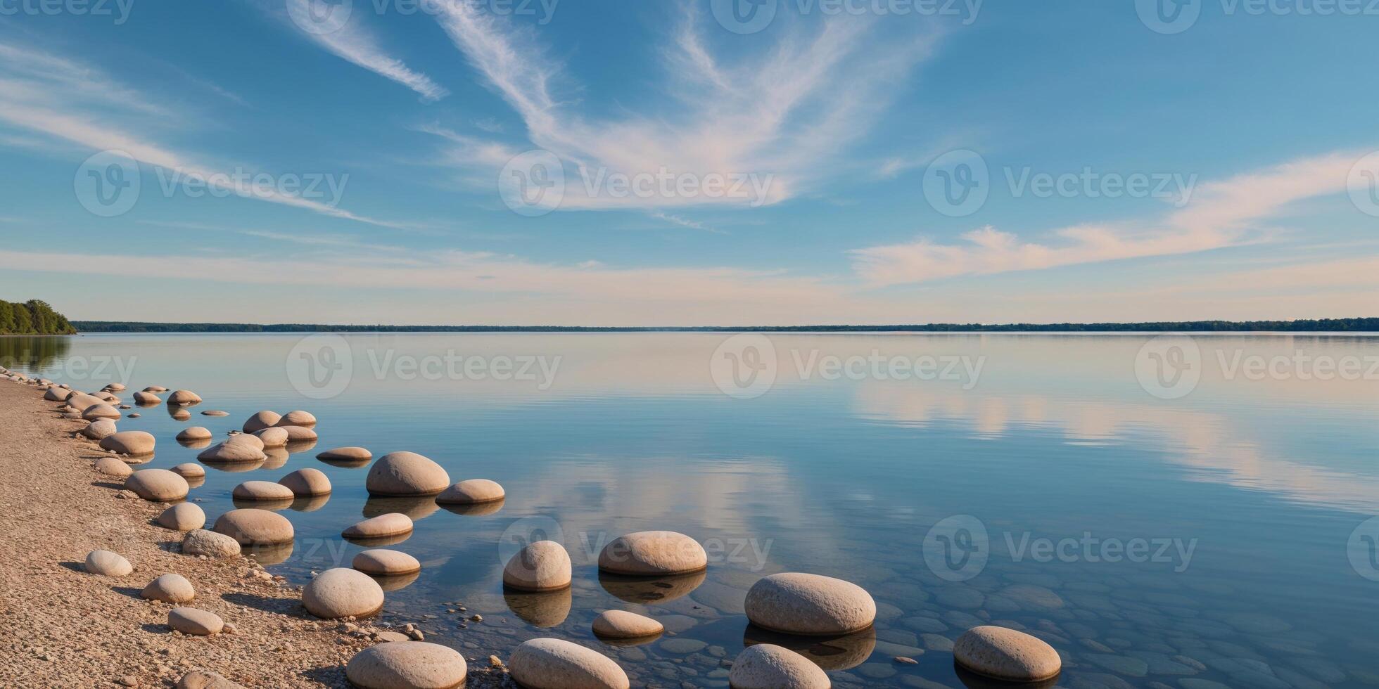 A lake with rocks and water on the shore photo