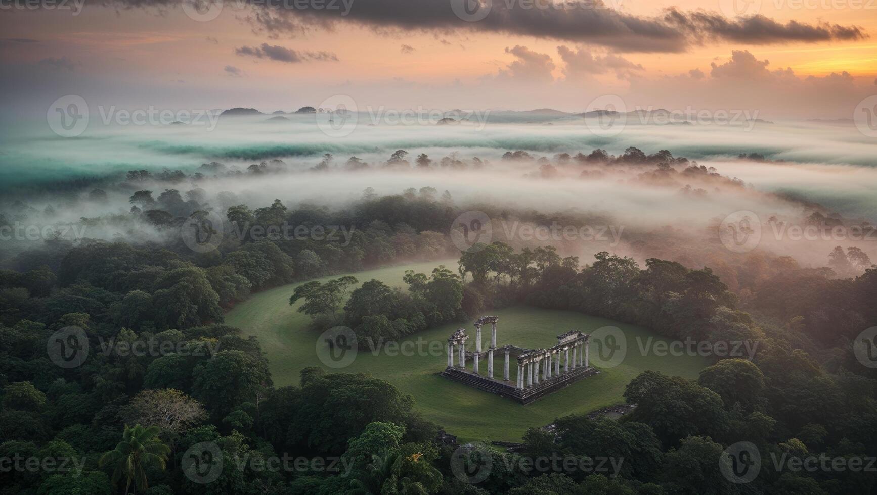 A view of the sunrise over a forest and a temple photo