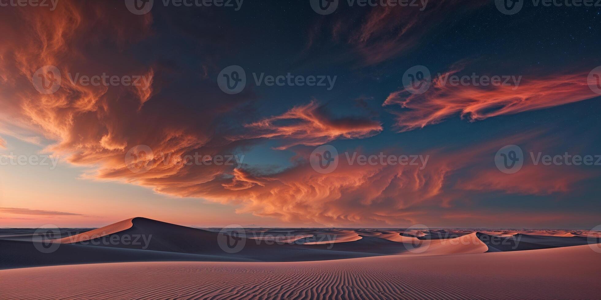 A sunset over the desert with clouds and sand dunes photo