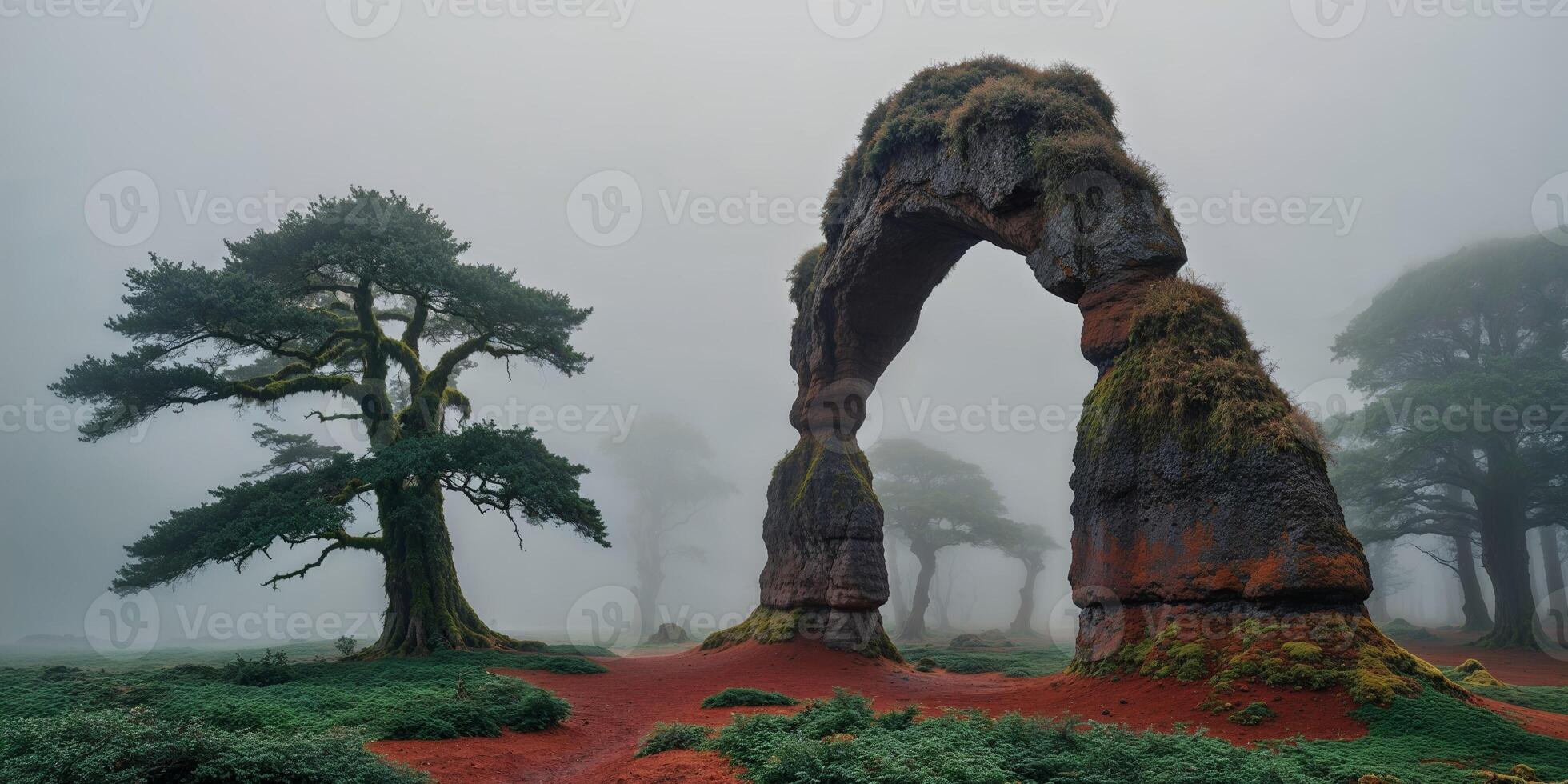 A large arch in the middle of a forest photo
