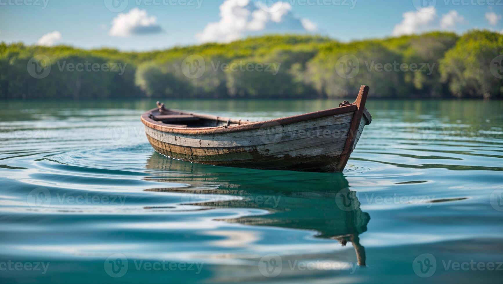 A boat floating on the water with trees in the background photo