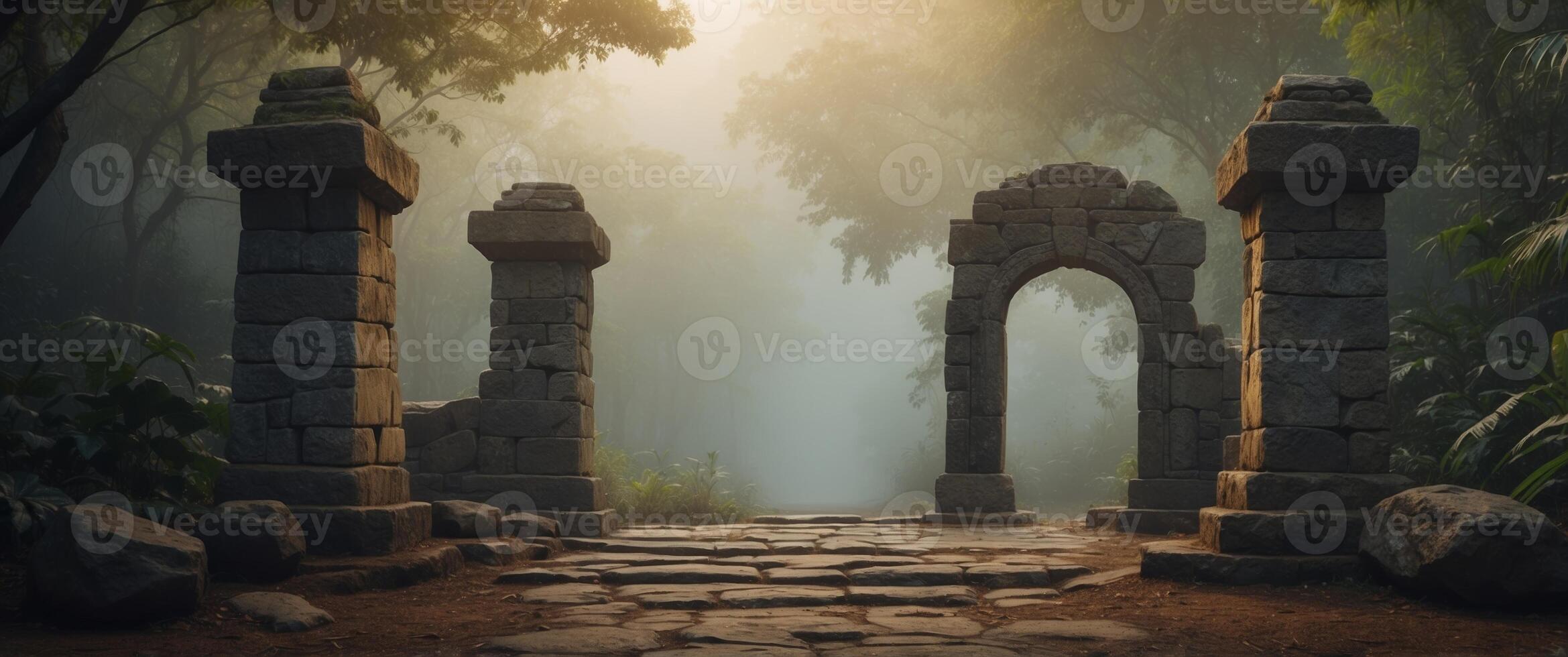 Ancient ruins in the forest with fog photo