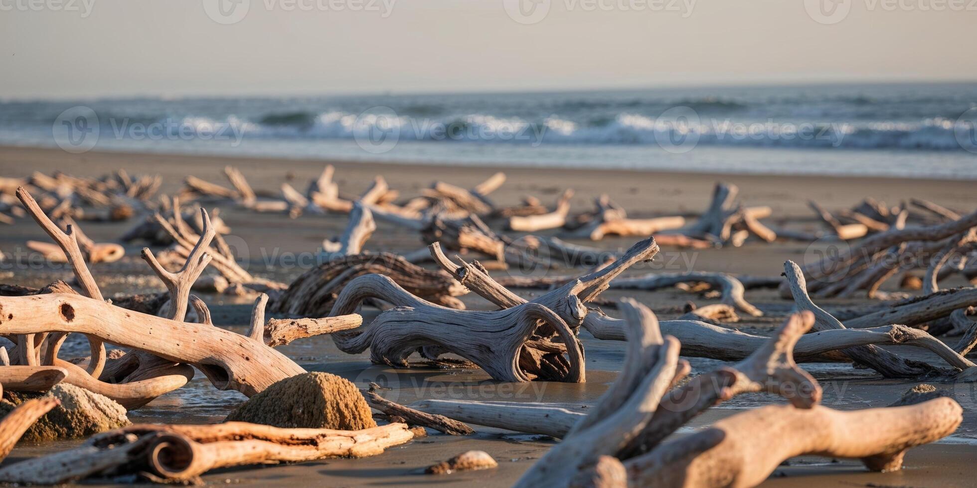 Driftwood on the beach at sunset photo