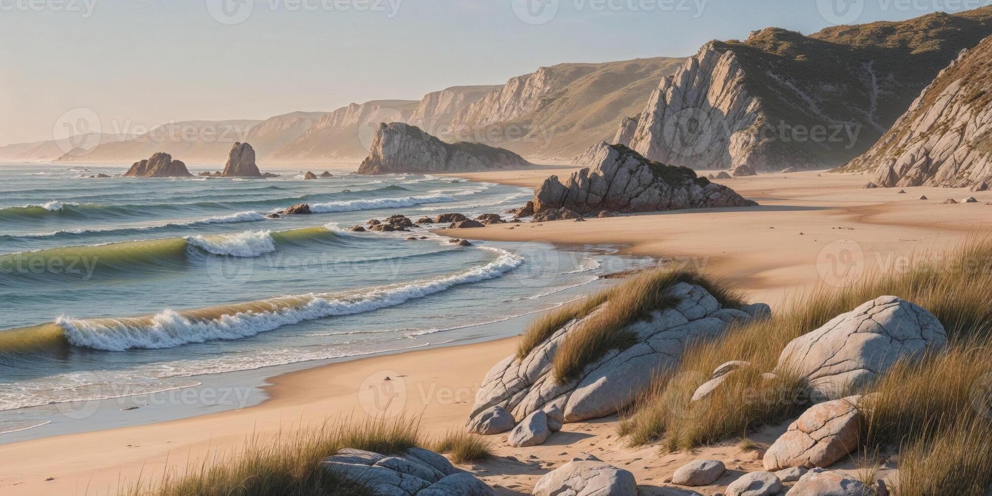A painting of the beach and rocks by the ocean photo