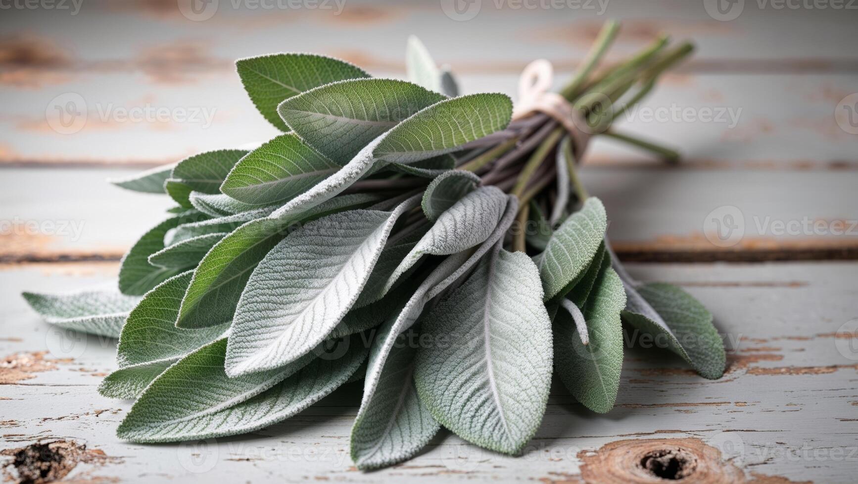 Fresh Bundle of Sage Leaves on Rustic Wooden Background. photo