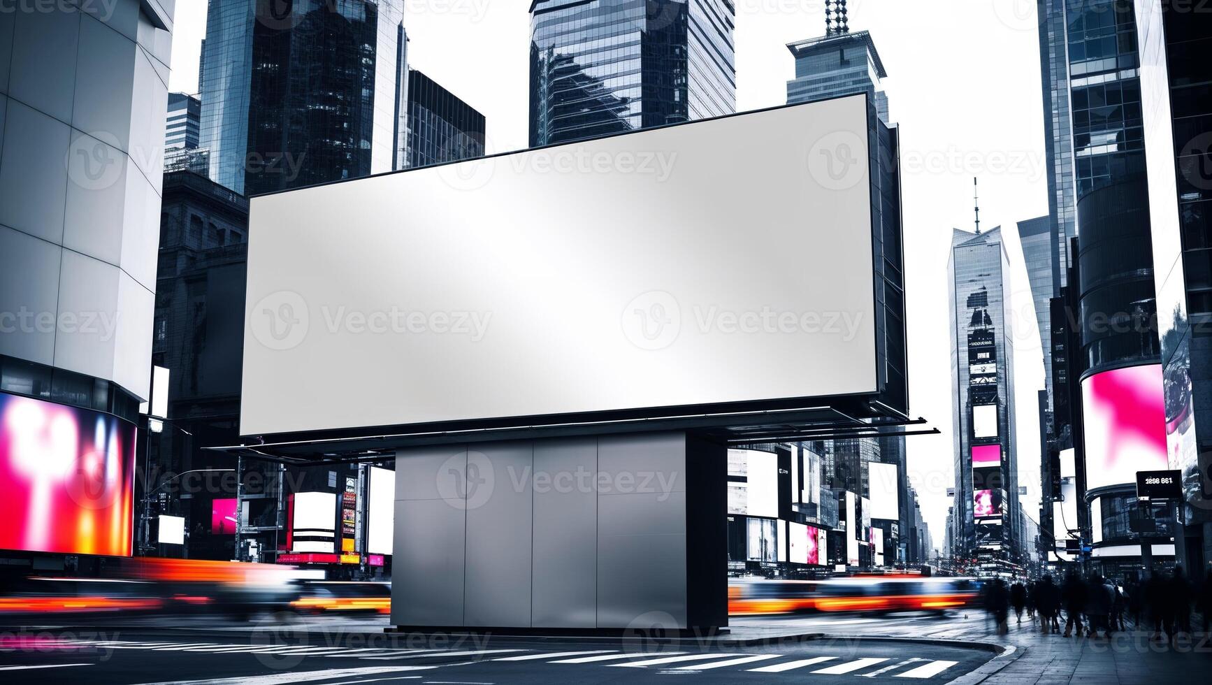 Blank Billboard in Front of Modern Cityscape. photo
