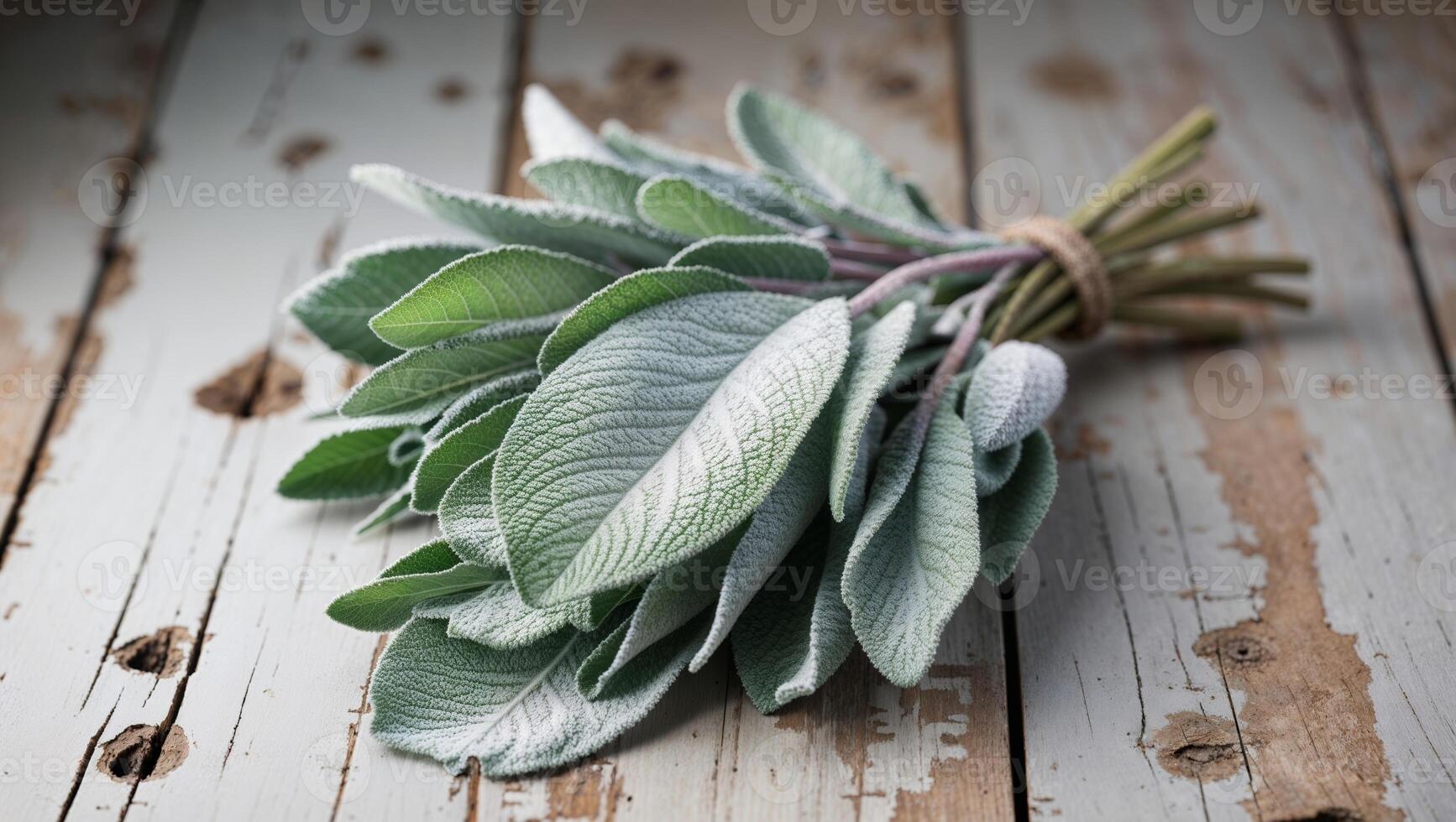 Fresh Bundle of Sage Leaves on Rustic Wooden Background. photo