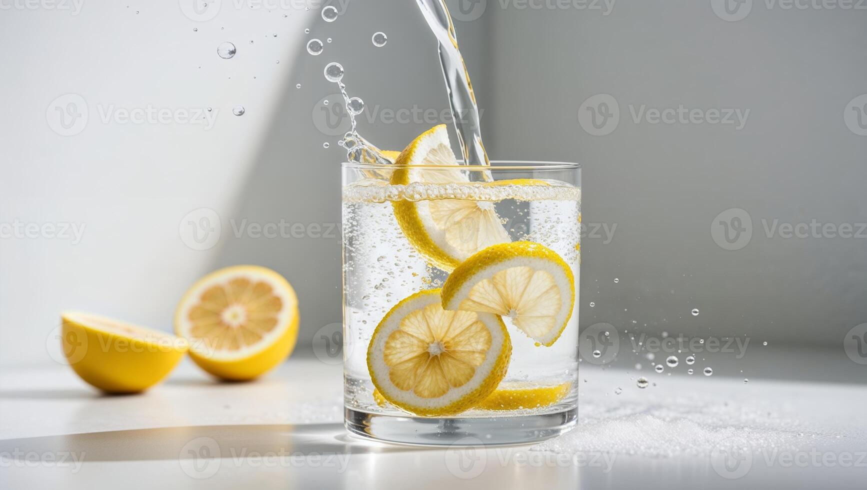 Refreshing Lemon Water with Bubbles and Slices. photo