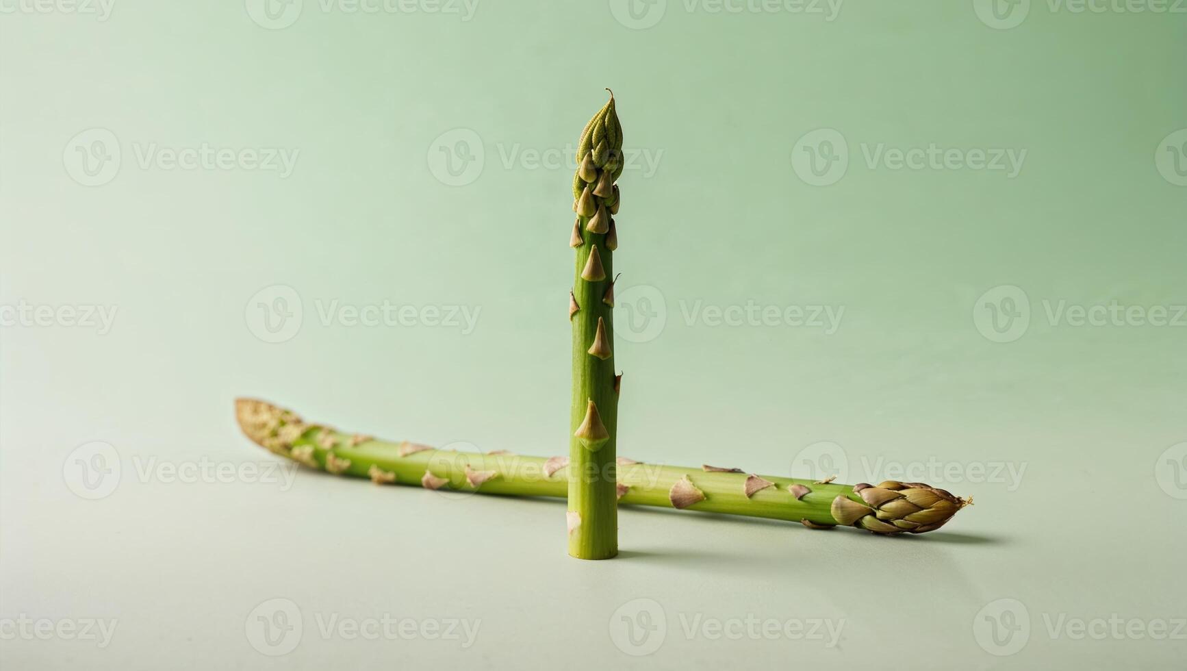A Single Asparagus Spear with Green Shoots on a Mint Green Background. photo