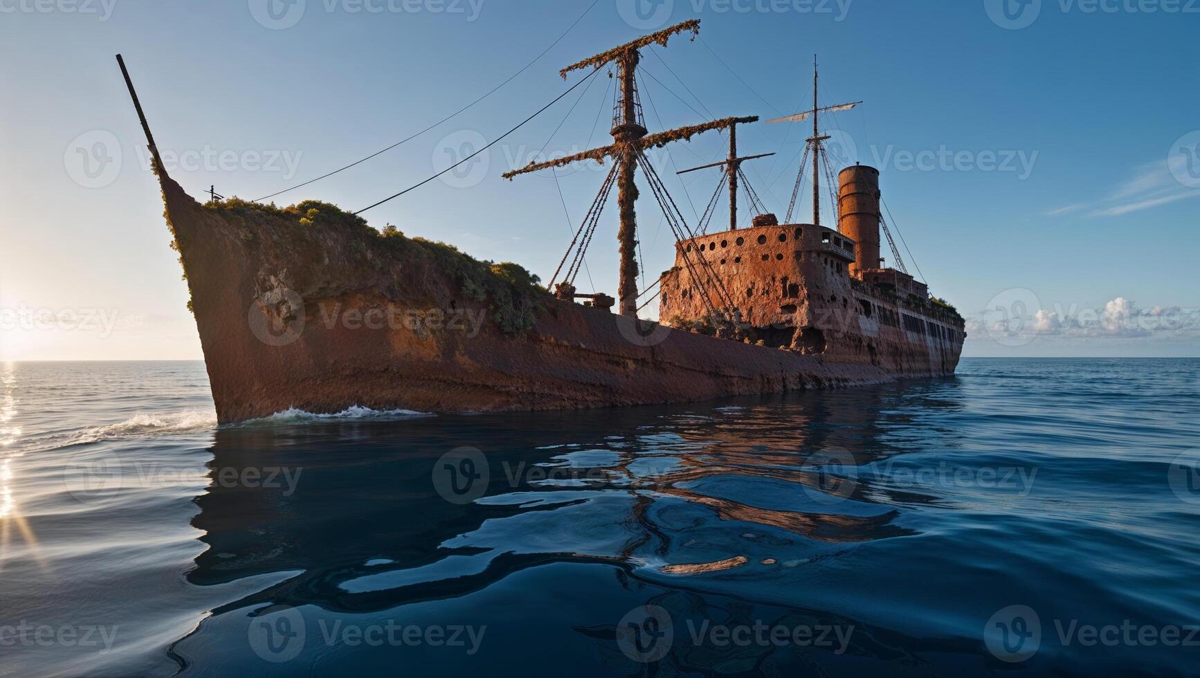 amazing rusty ship sunk in the middle of the sea with good day lighting in the blue pacific sea. photo