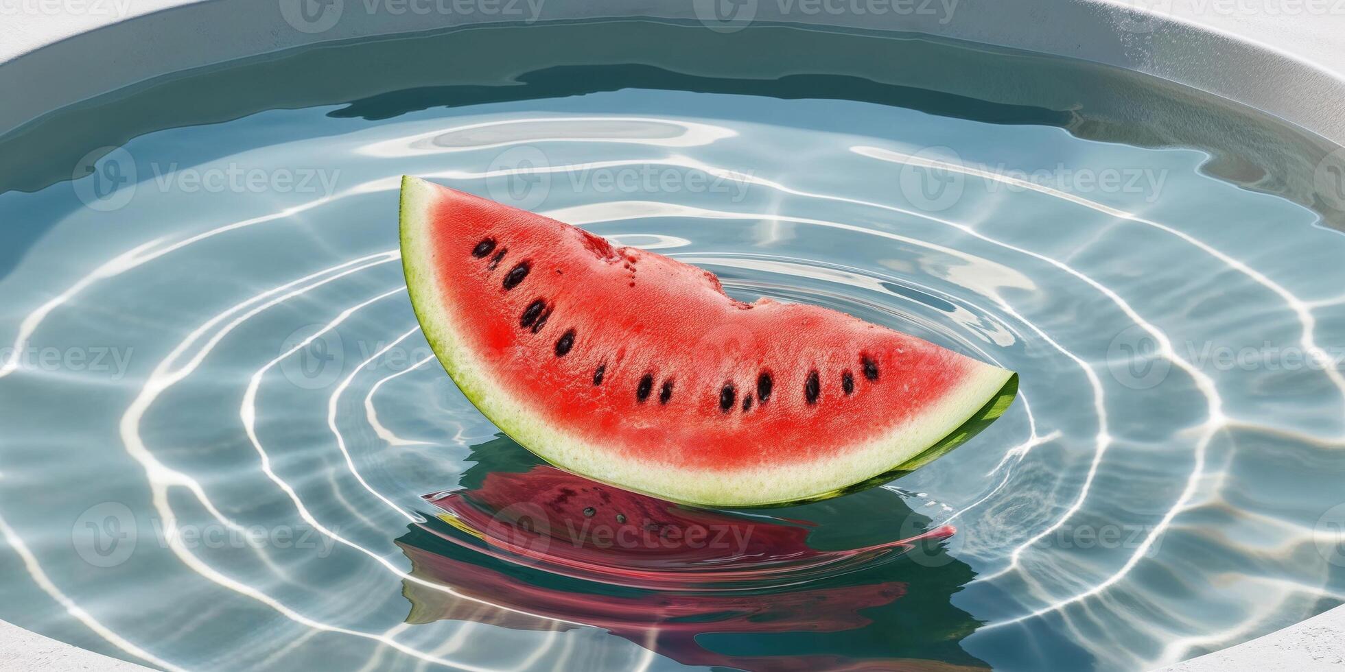 A slice of watermelon is floating in a pool of water. photo