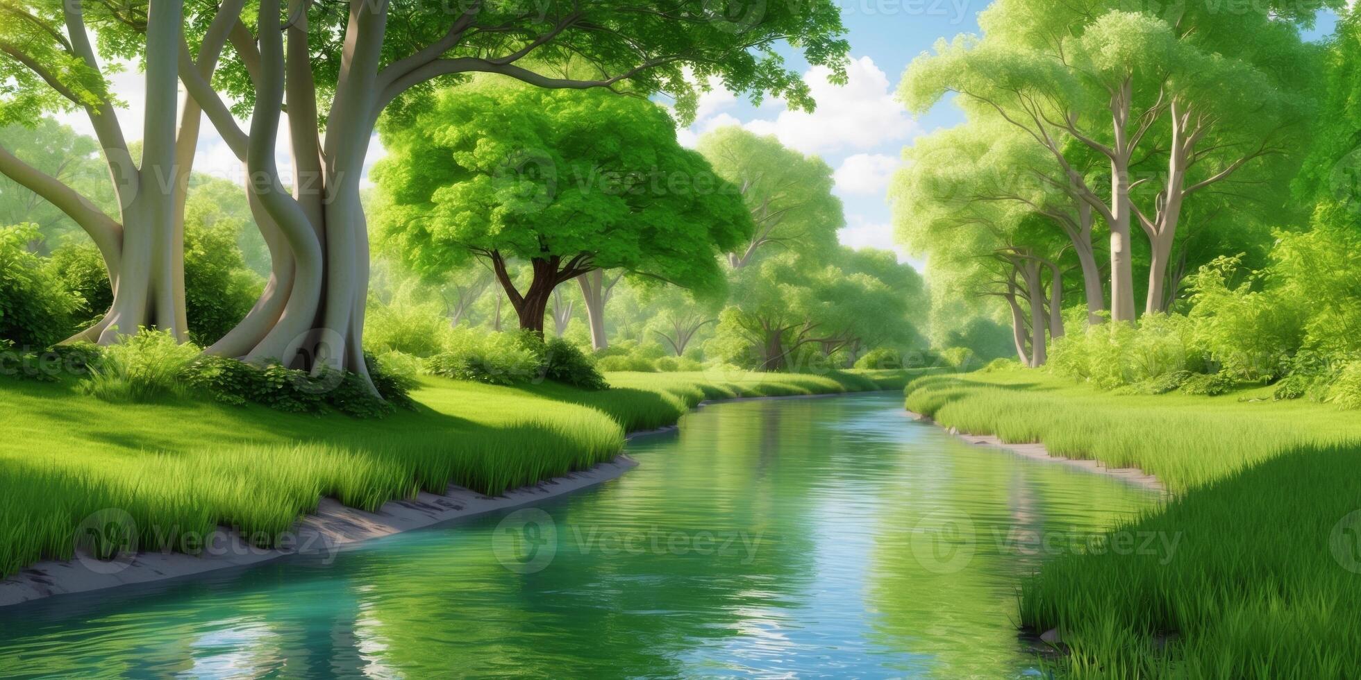 A river running through a lush green forest. photo