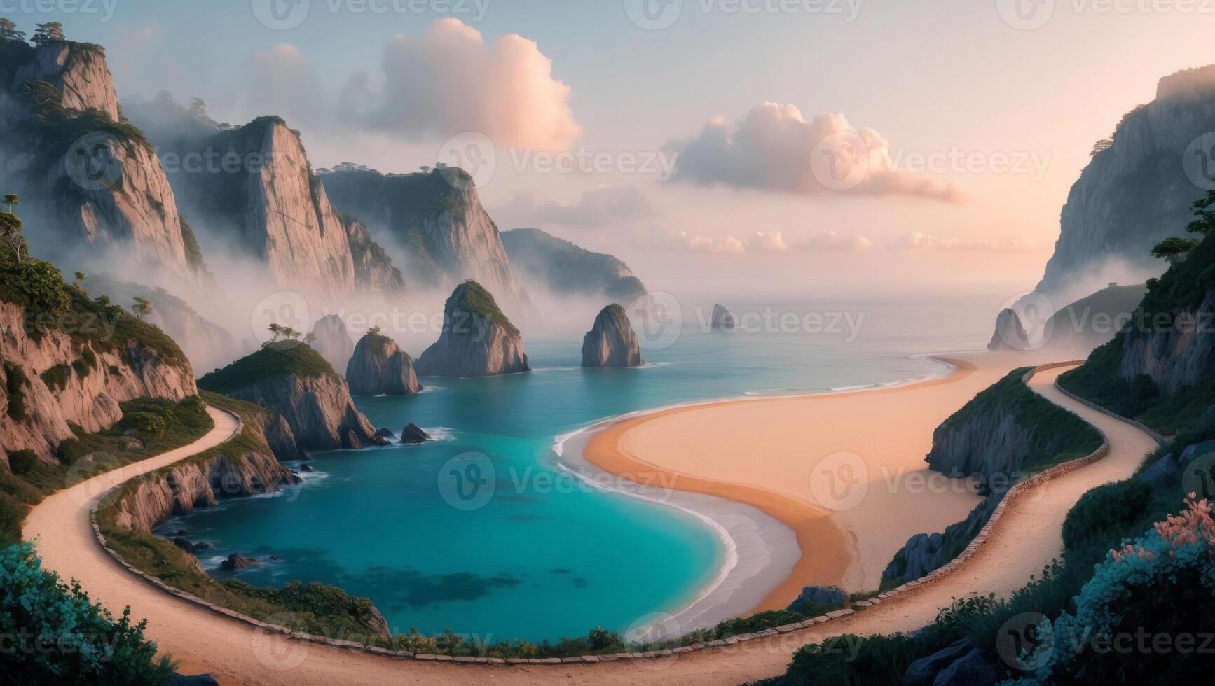 Dramatic Coastal Cliffs with Winding Path Leading to Secluded Beach at Dawn. photo