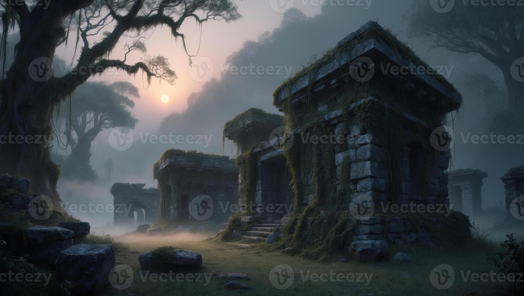 An old stone building in the forest with trees and fog photo
