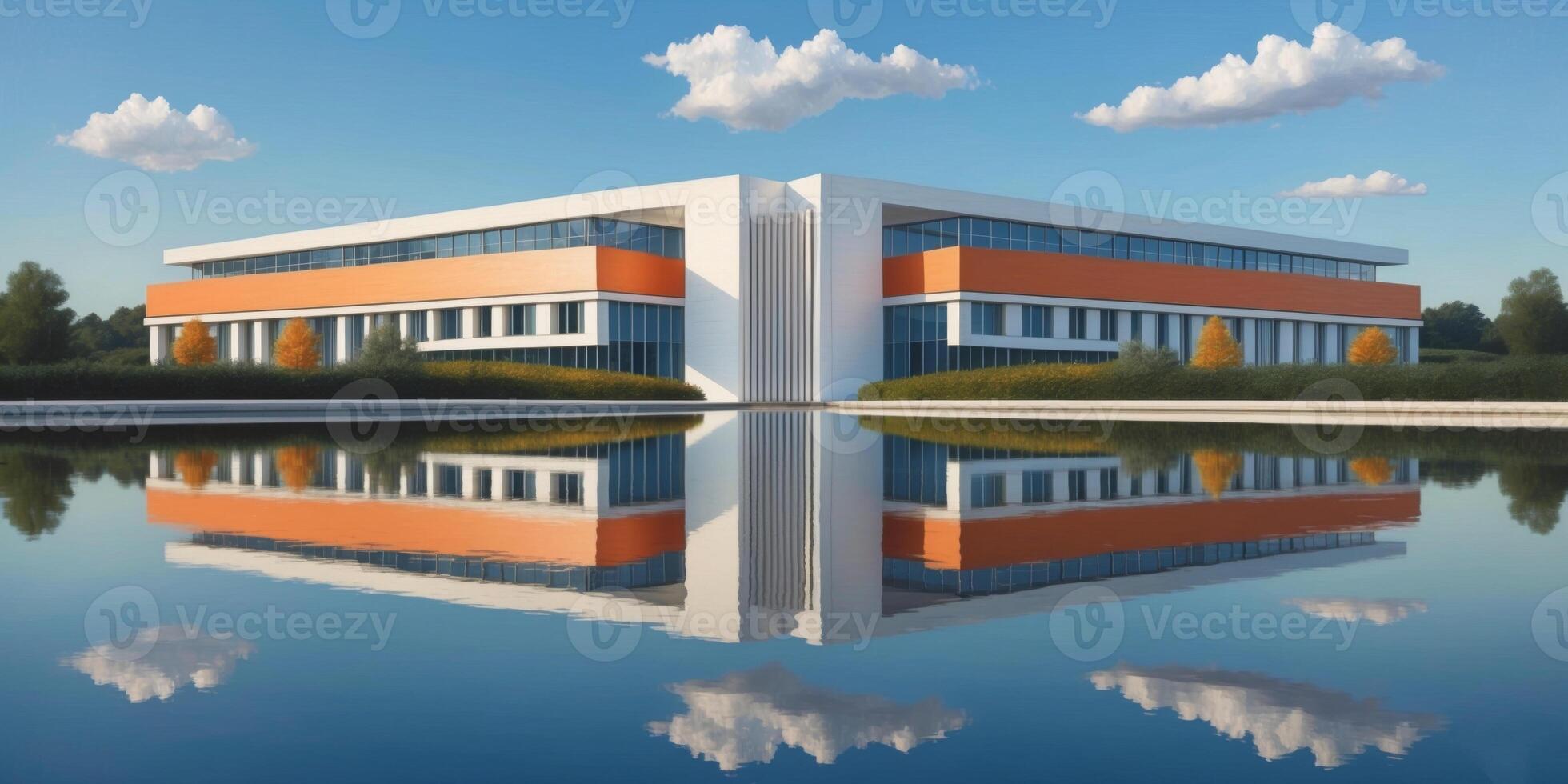 An orange and white building with clouds reflected in the water photo