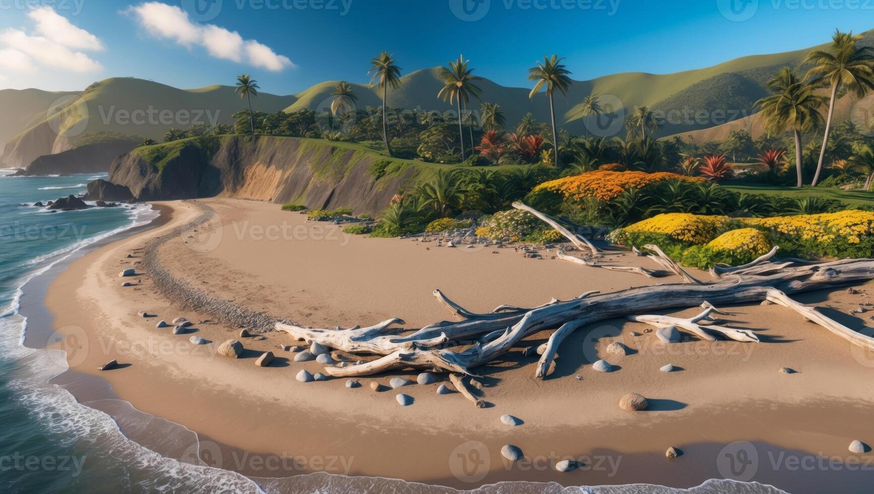 A beach with trees and rocks in the foreground photo