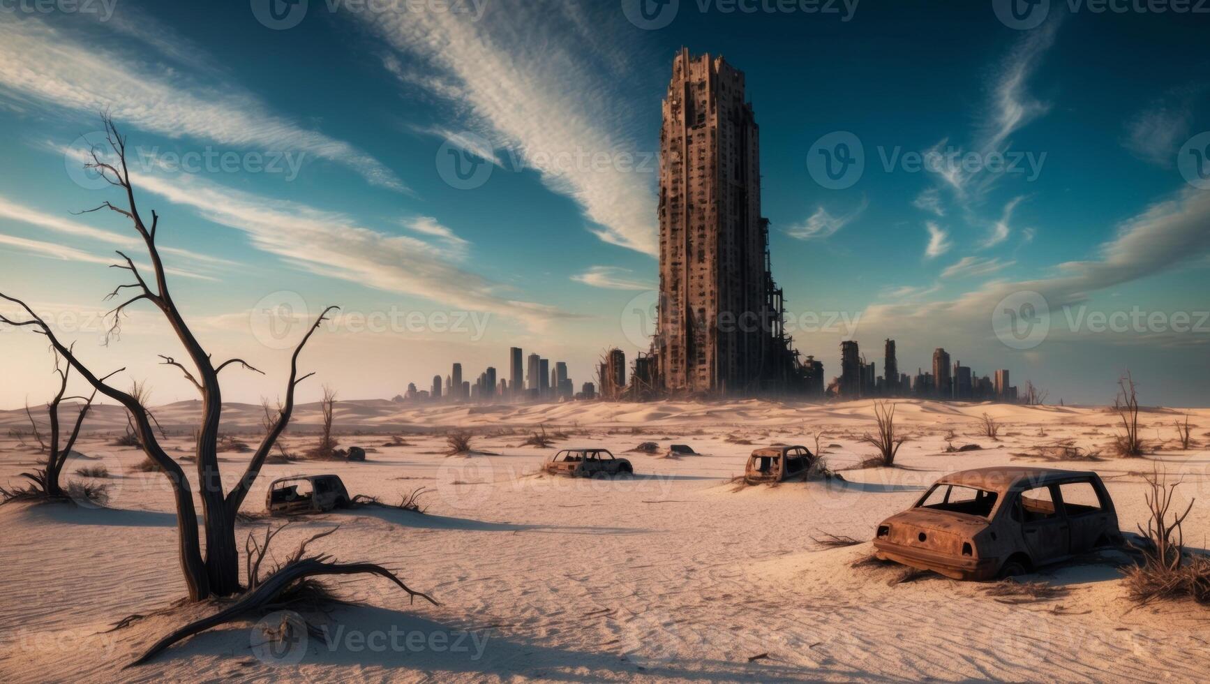 The city of the future, abandoned cars and a tall tower photo