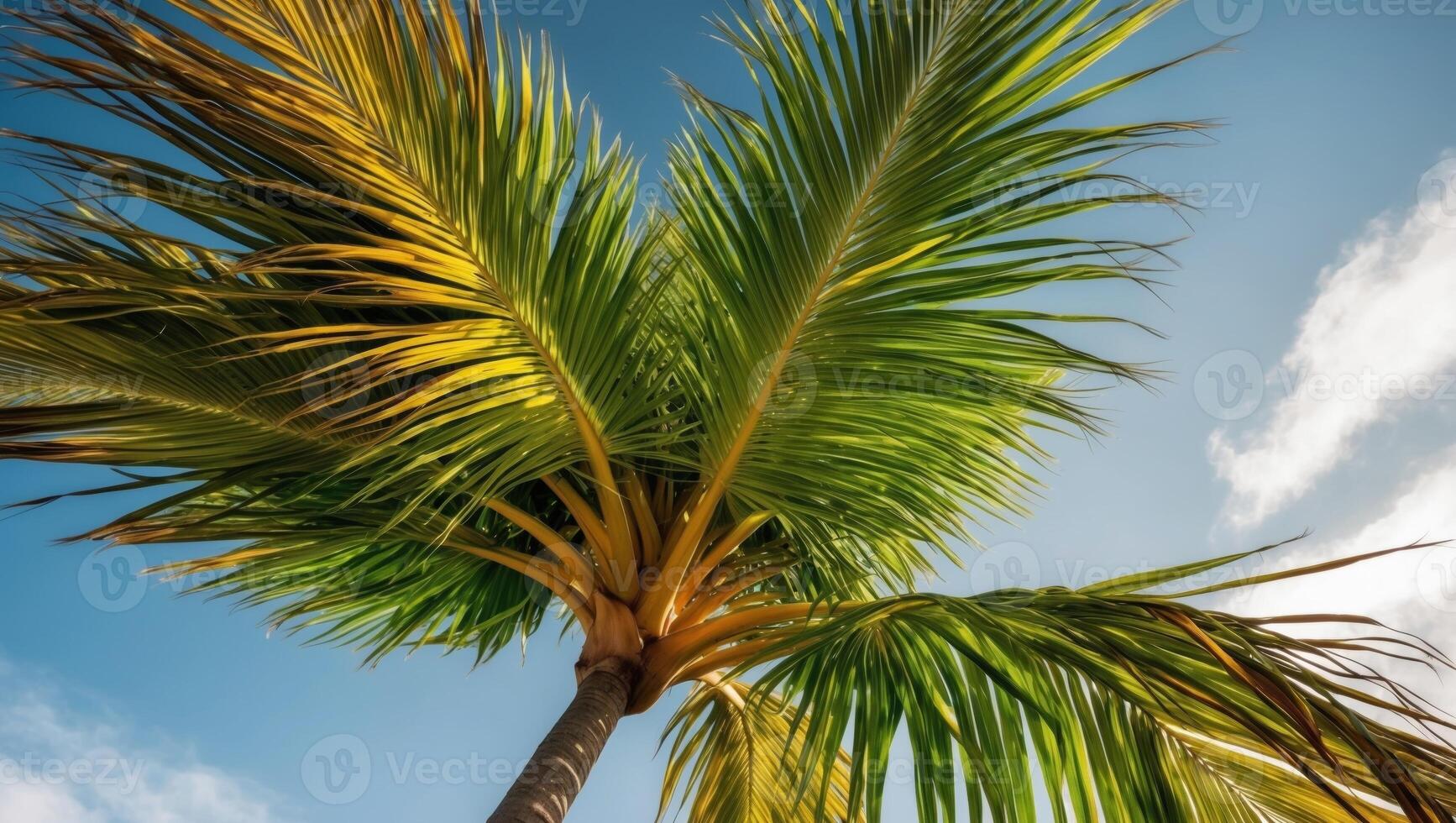 A palm tree with a blue sky in the background photo