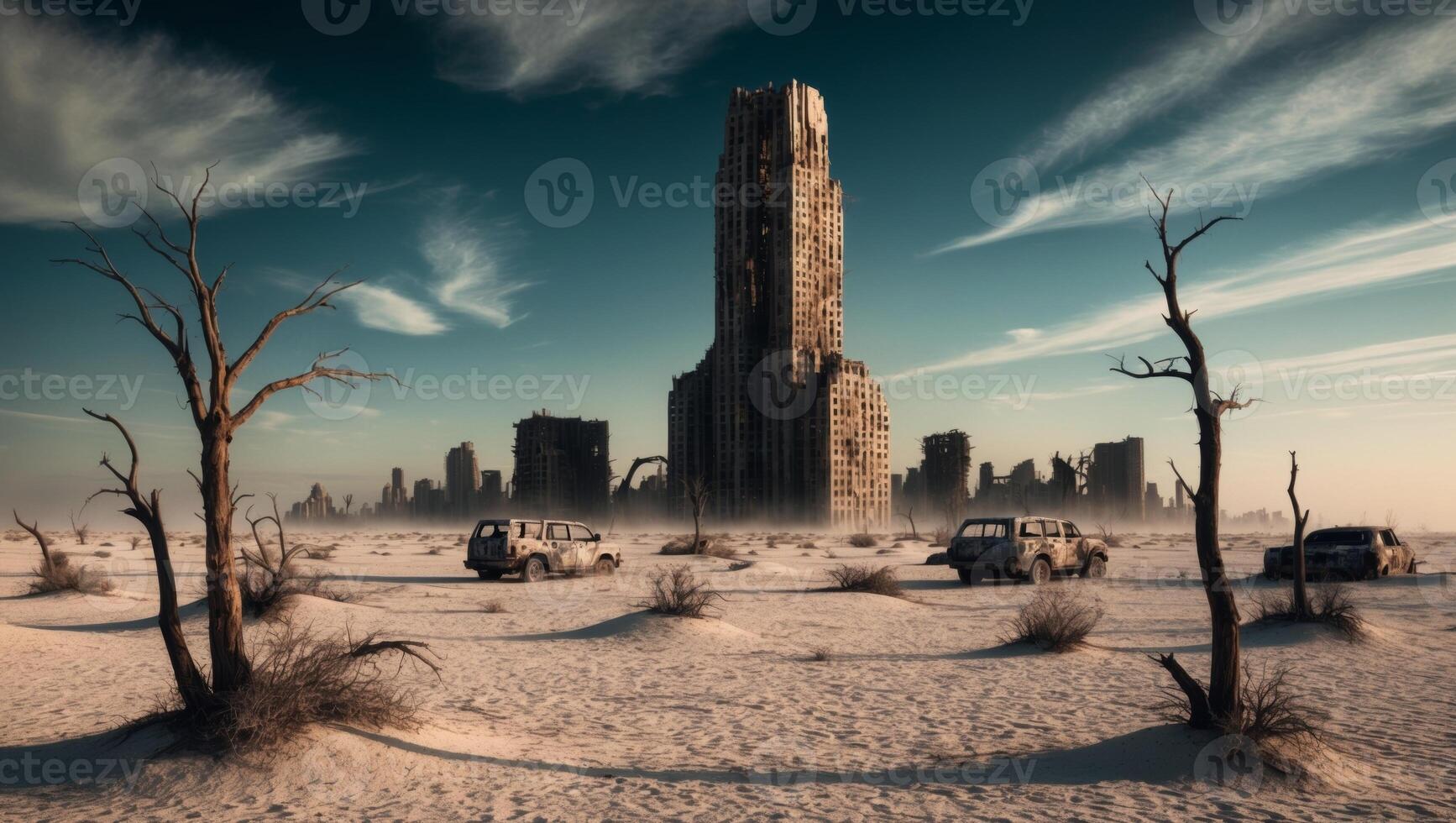 A desert landscape with a tall building in the middle photo