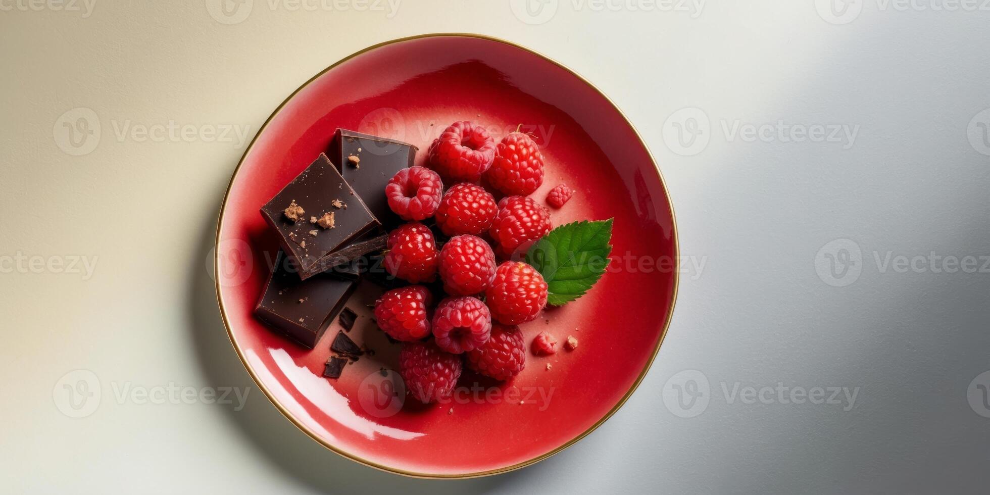 A plate with raspberries and chocolate on it photo