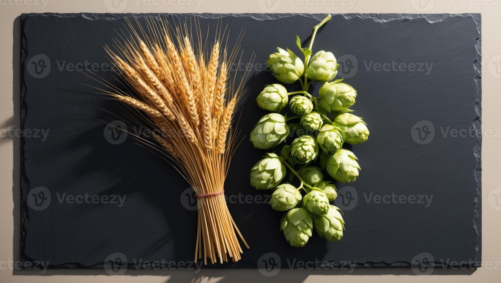 A bunch of hops and wheat on a black slate photo