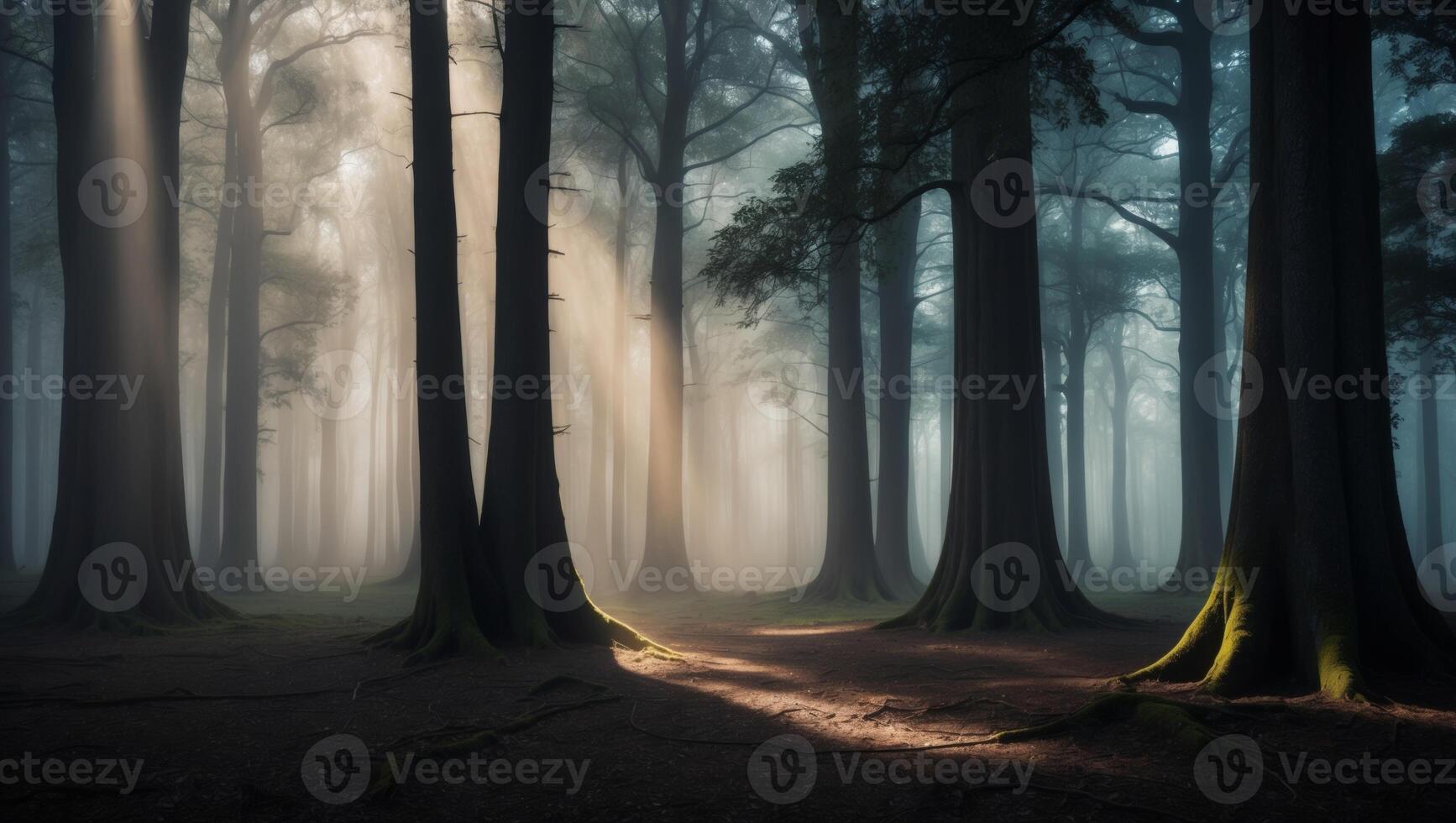 A dark forest with trees and sunlight photo