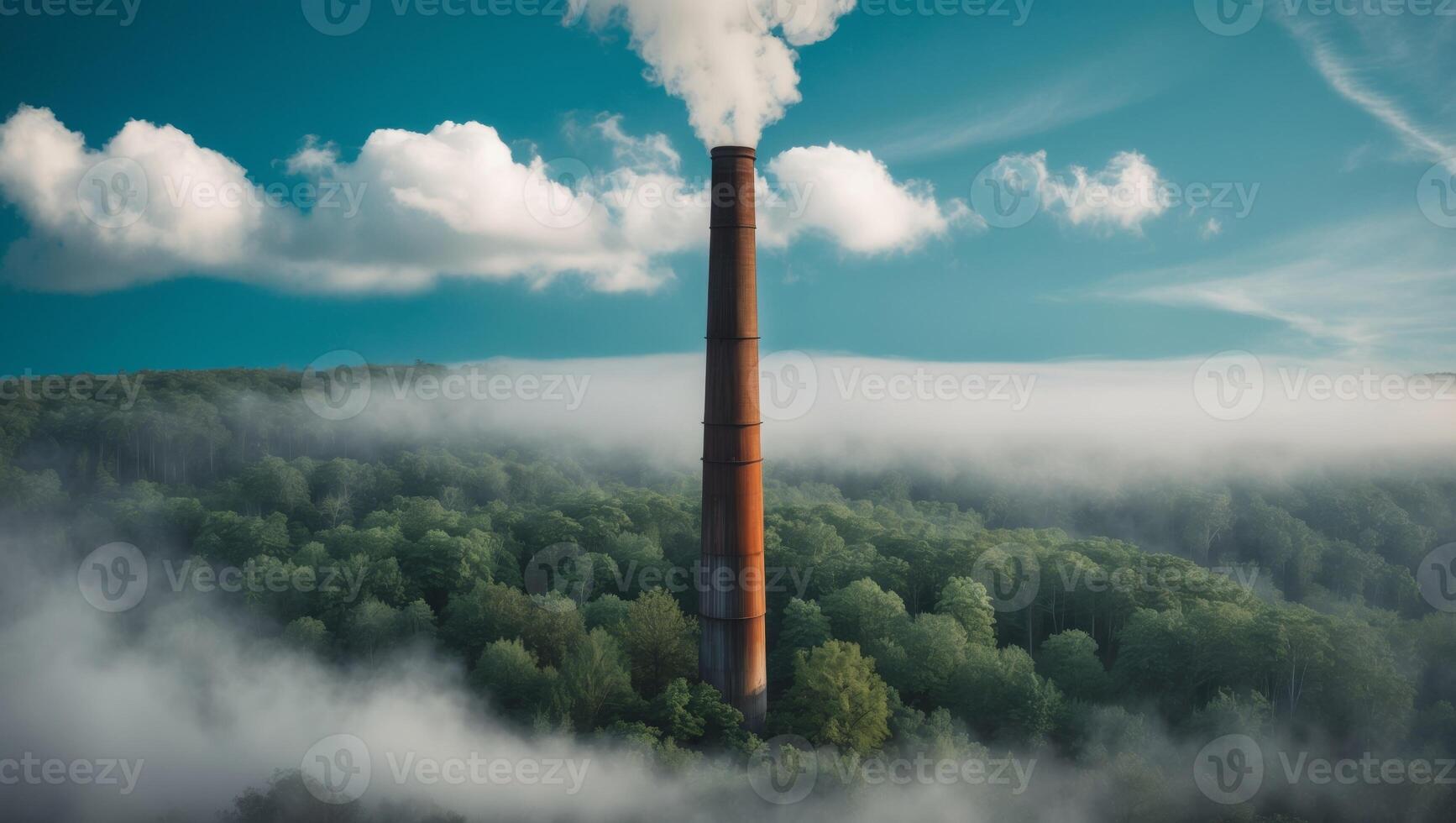 A factory chimney is seen in the middle of a forest photo