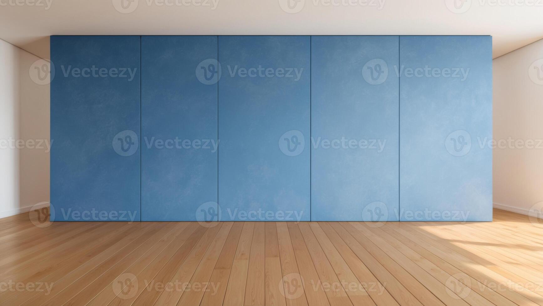 Empty room with blue wall and wooden floor photo