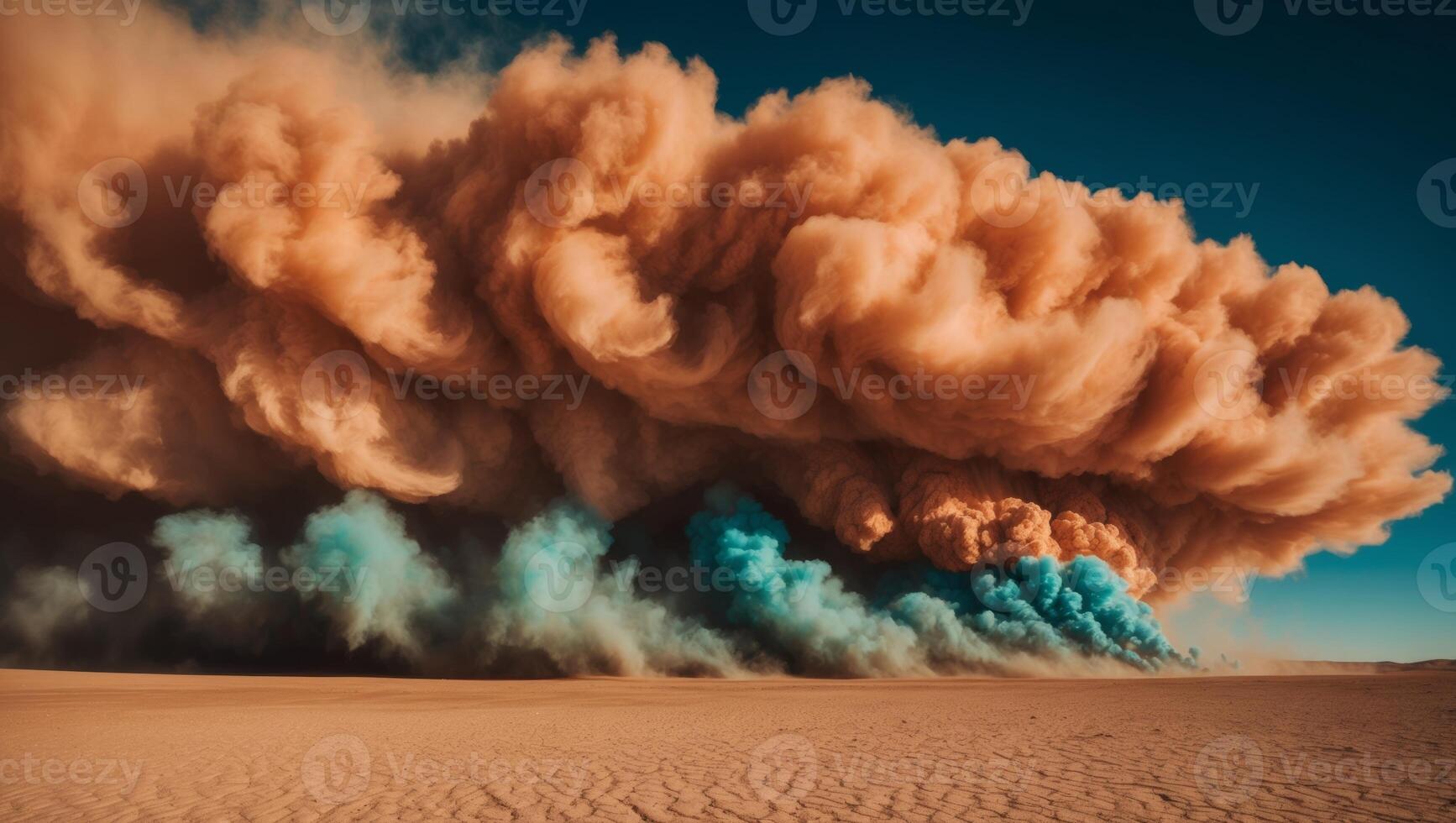 A large cloud of dust is blowing in the desert photo