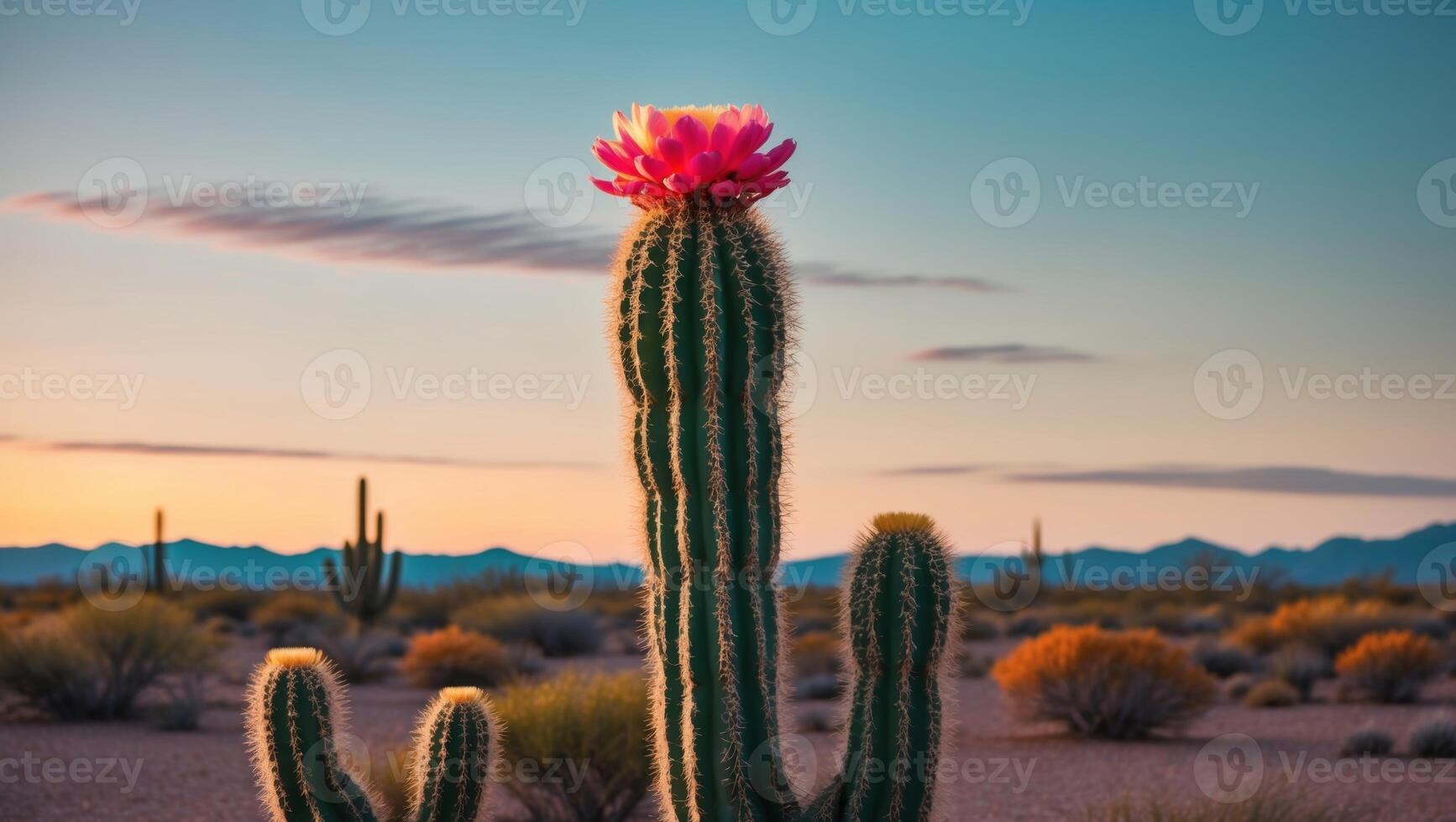 A cactus plant with a bright pink flower in the desert photo