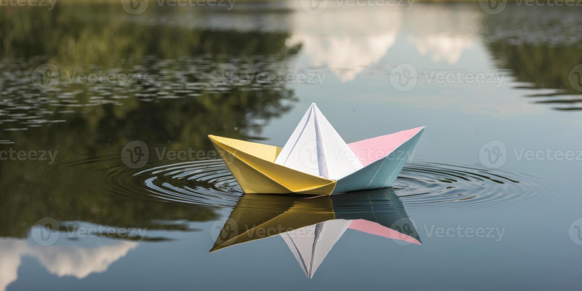 Paper boat floating on water with mountains in the background photo