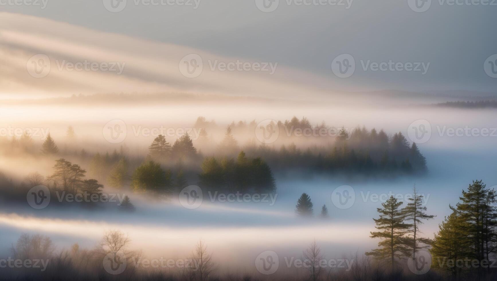 Foggy forest with trees and sun rays photo