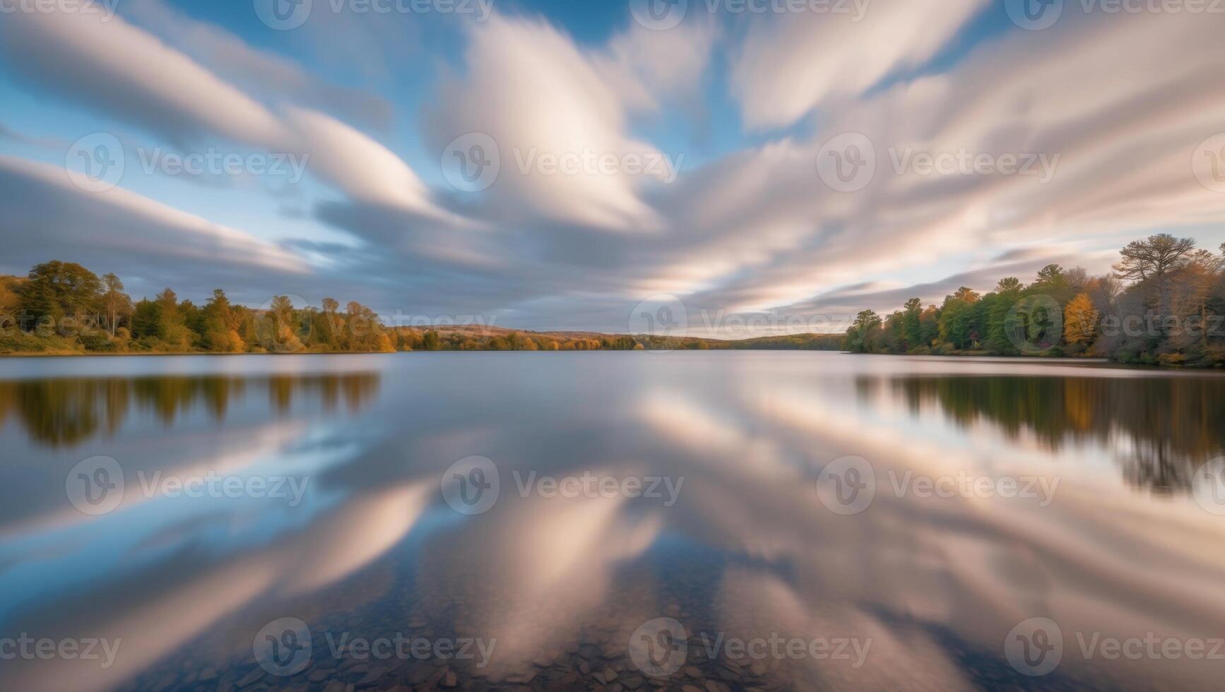 A lake with clouds reflecting on it photo