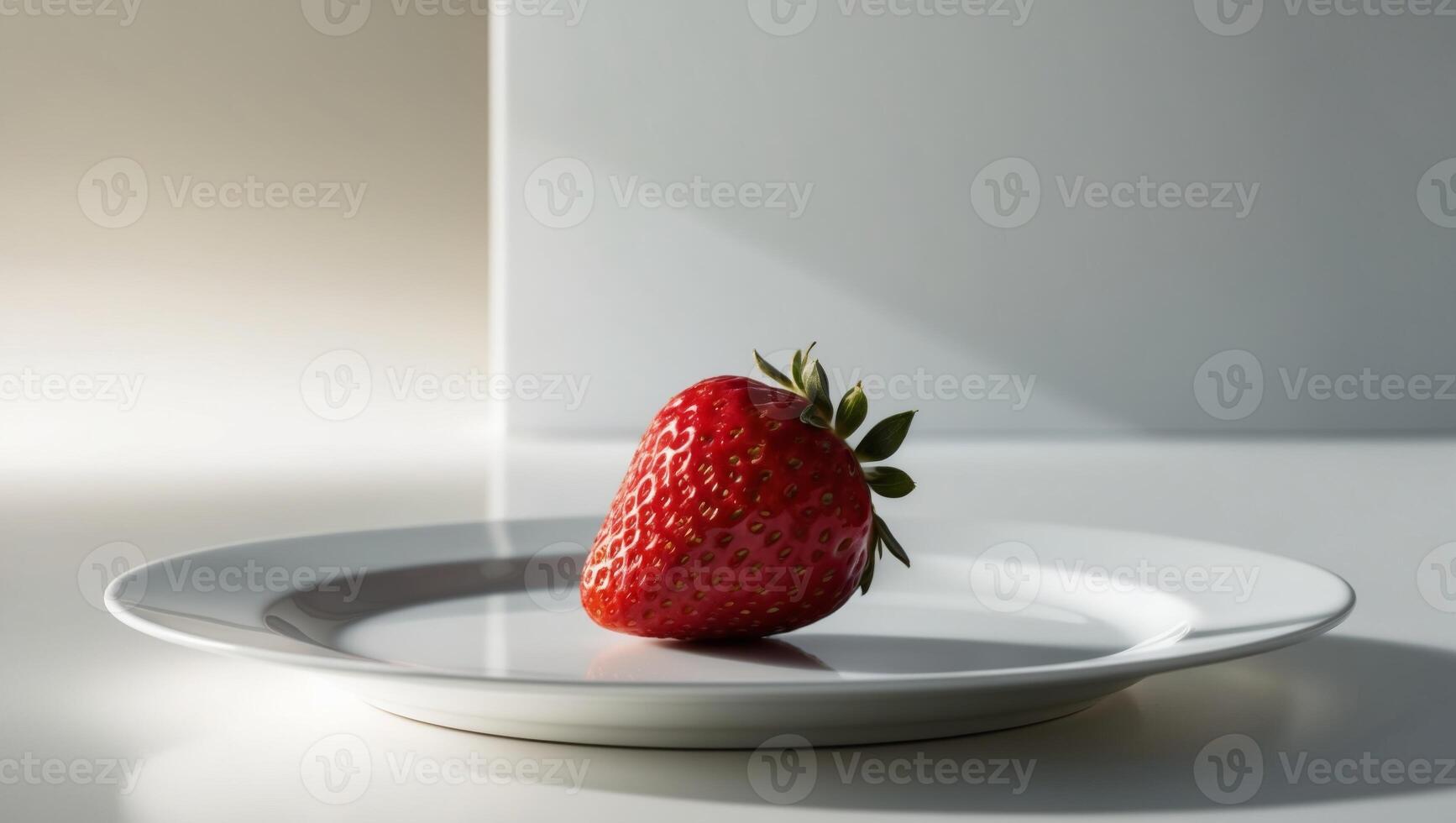 A single strawberry is sitting on a white plate photo