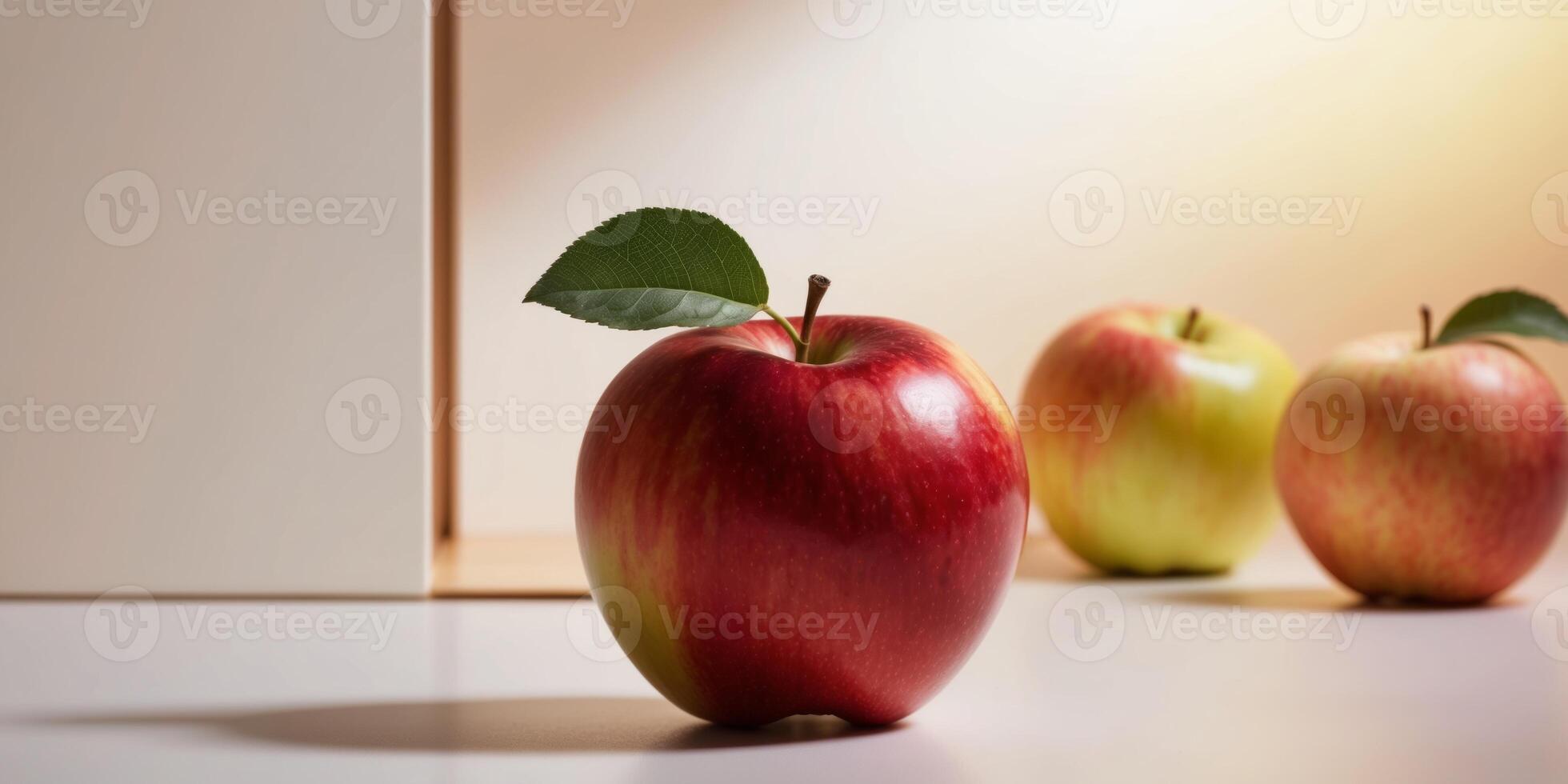 Three apples are sitting on a table photo