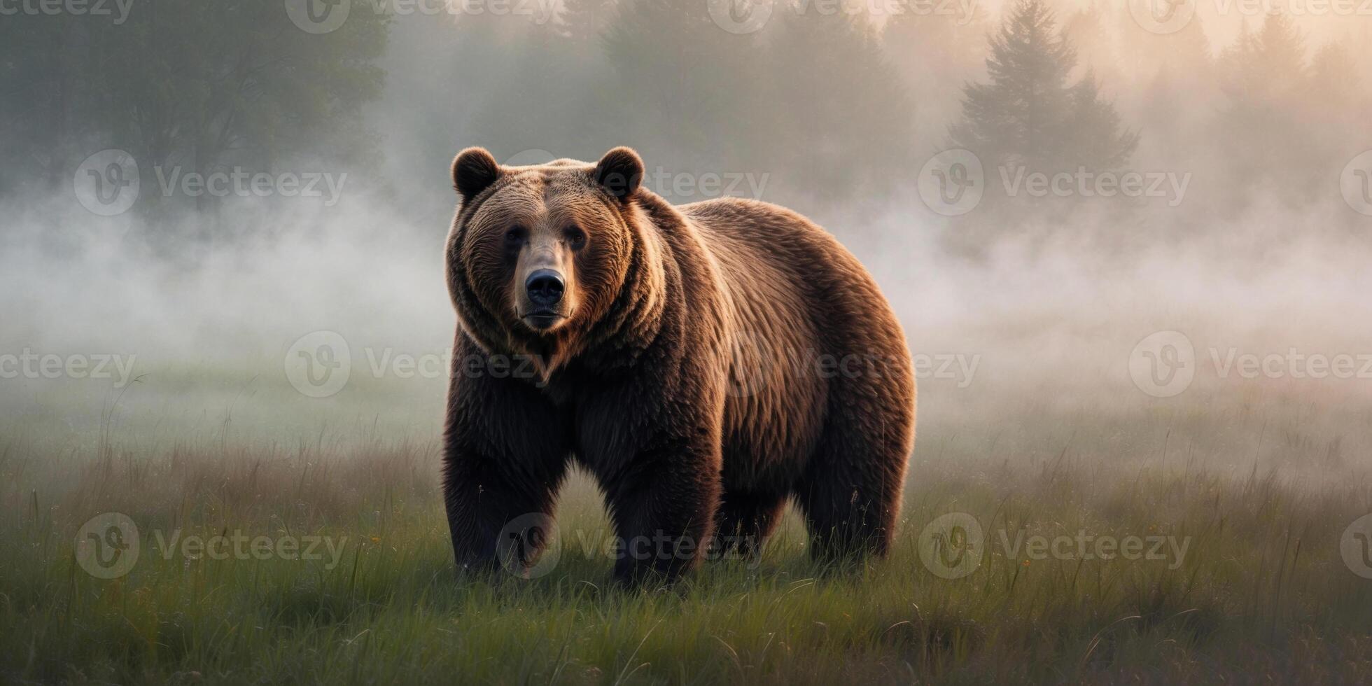 A brown bear is standing in the fog photo