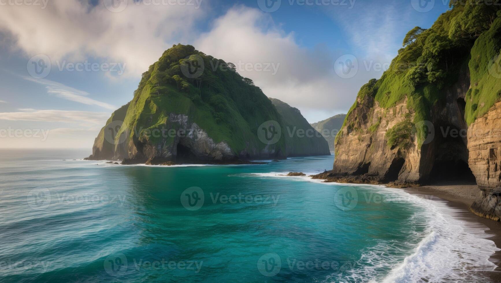 The ocean and cliffs are surrounded by green hills photo
