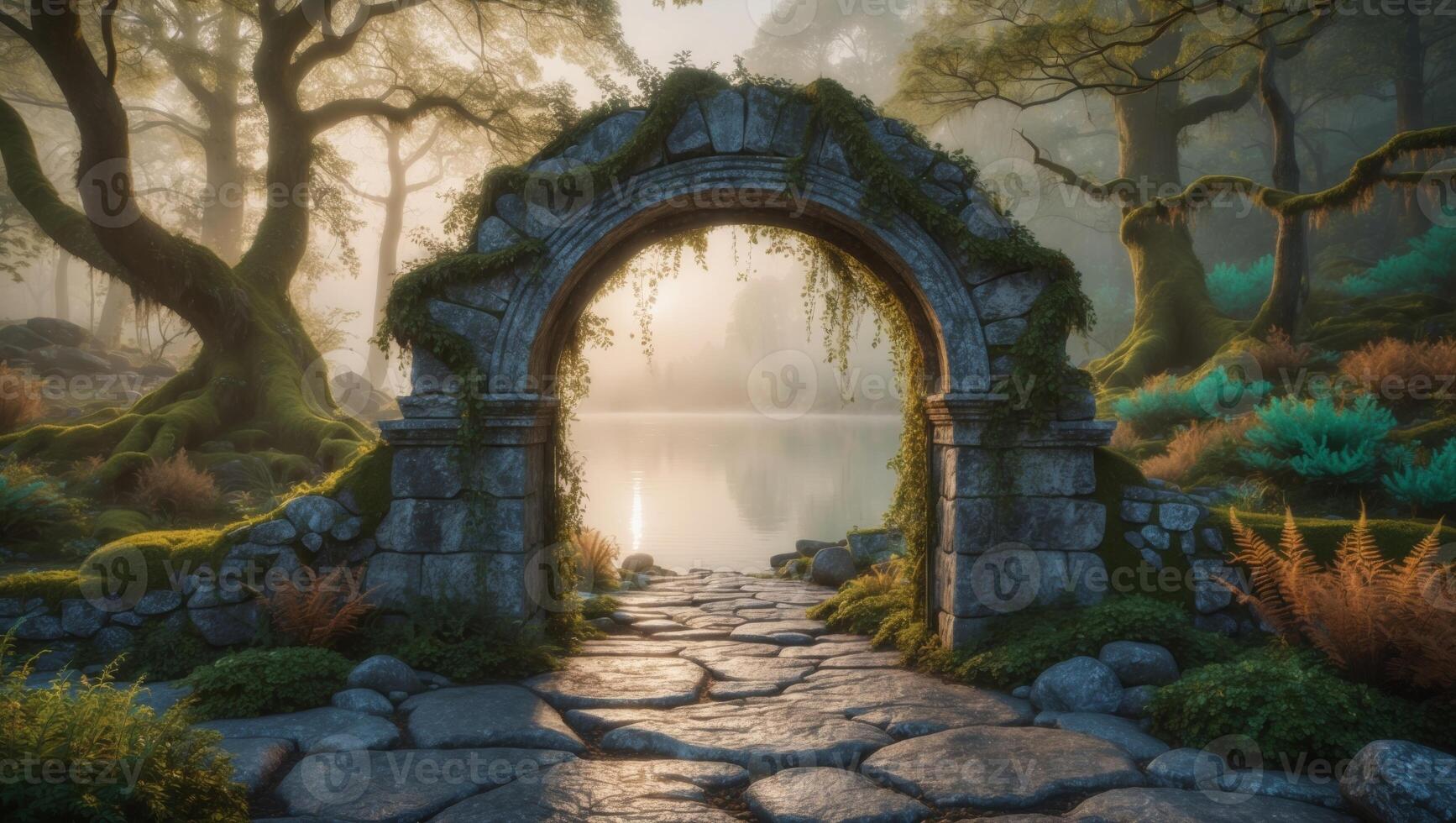 An archway in the forest with a stream and trees photo