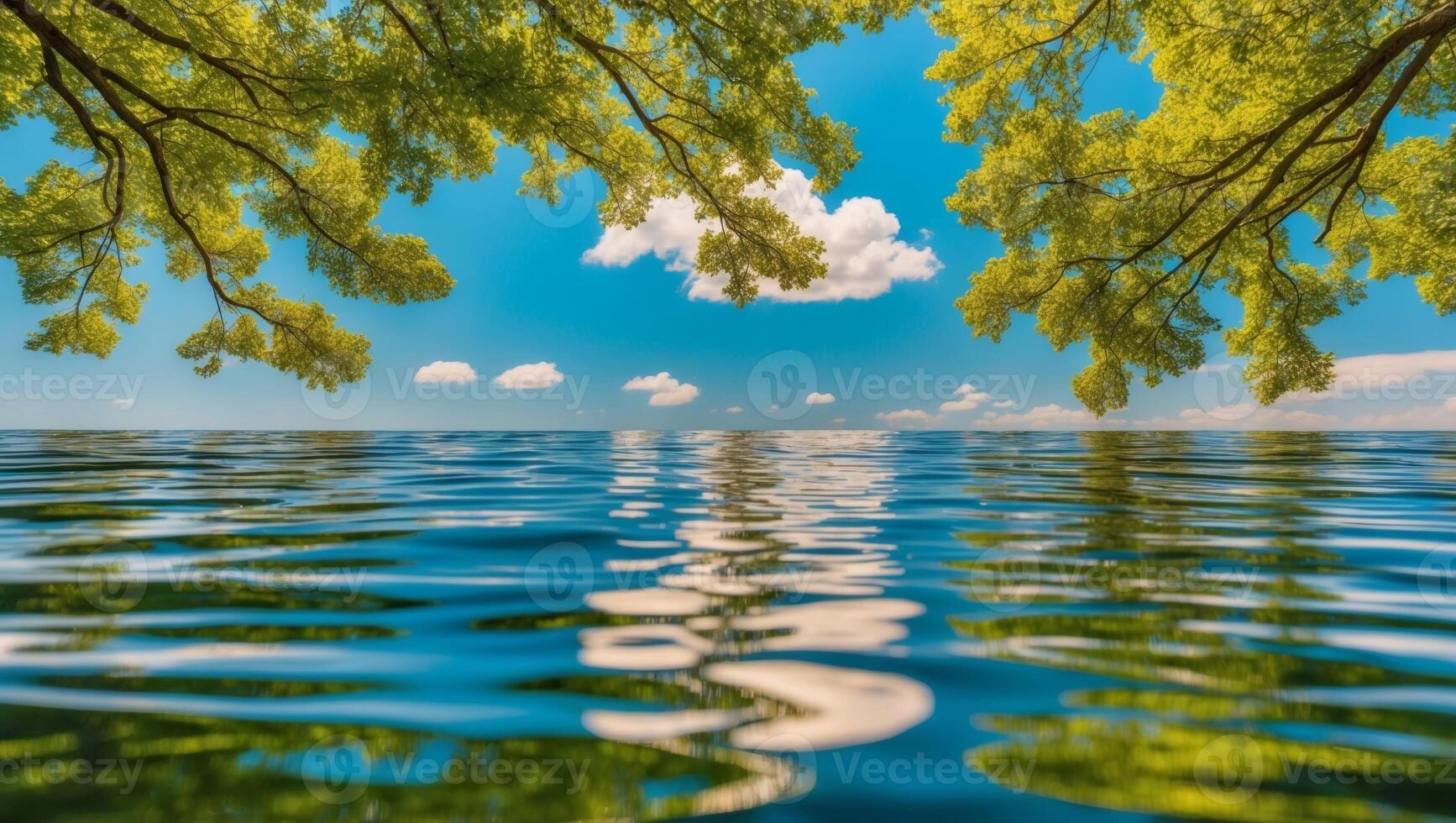 A tree is reflected in the water with clouds in the background photo