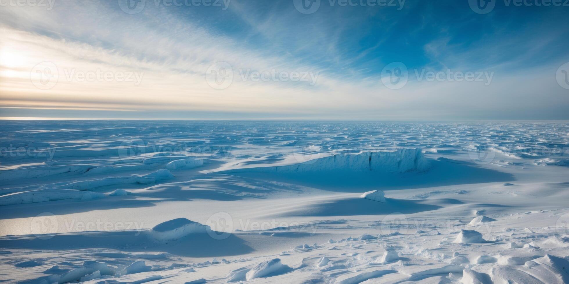 The sun shines on a large ice shelf in the arctic photo