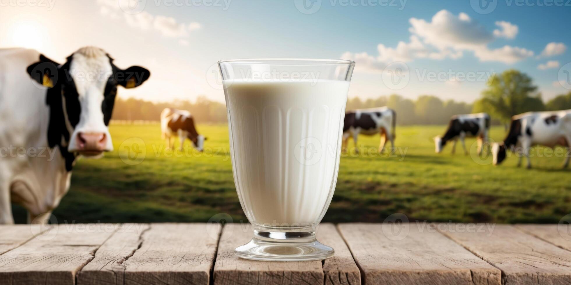 A glass of milk on a table in front of cows photo
