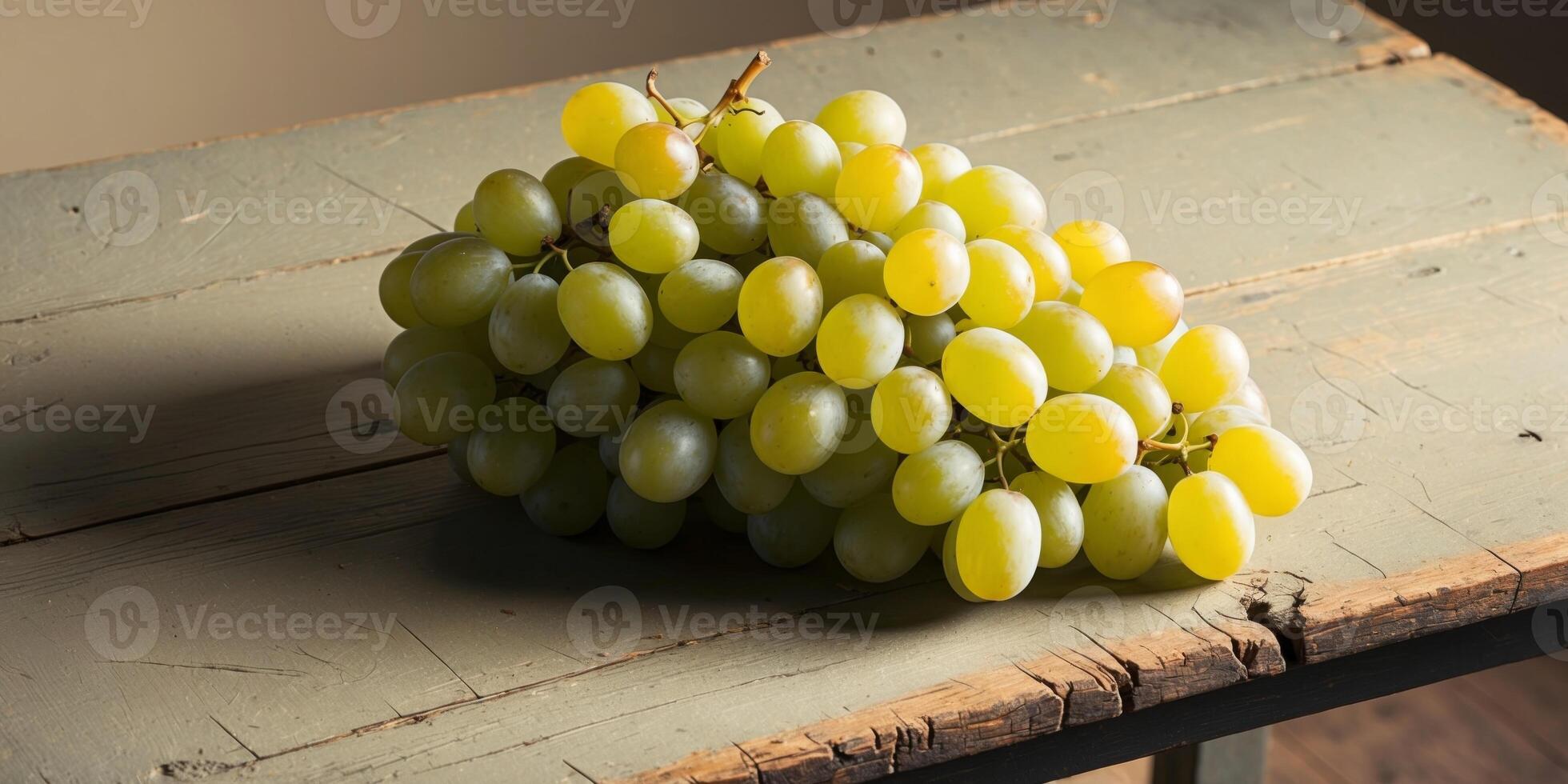 A bunch of grapes sitting on a wooden table photo