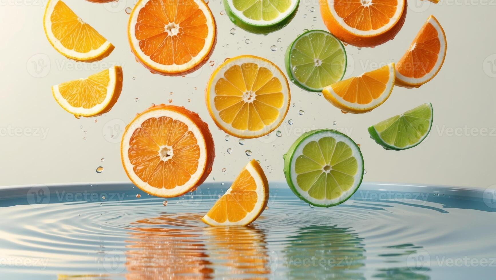Orange slices falling into water with a splash of water photo