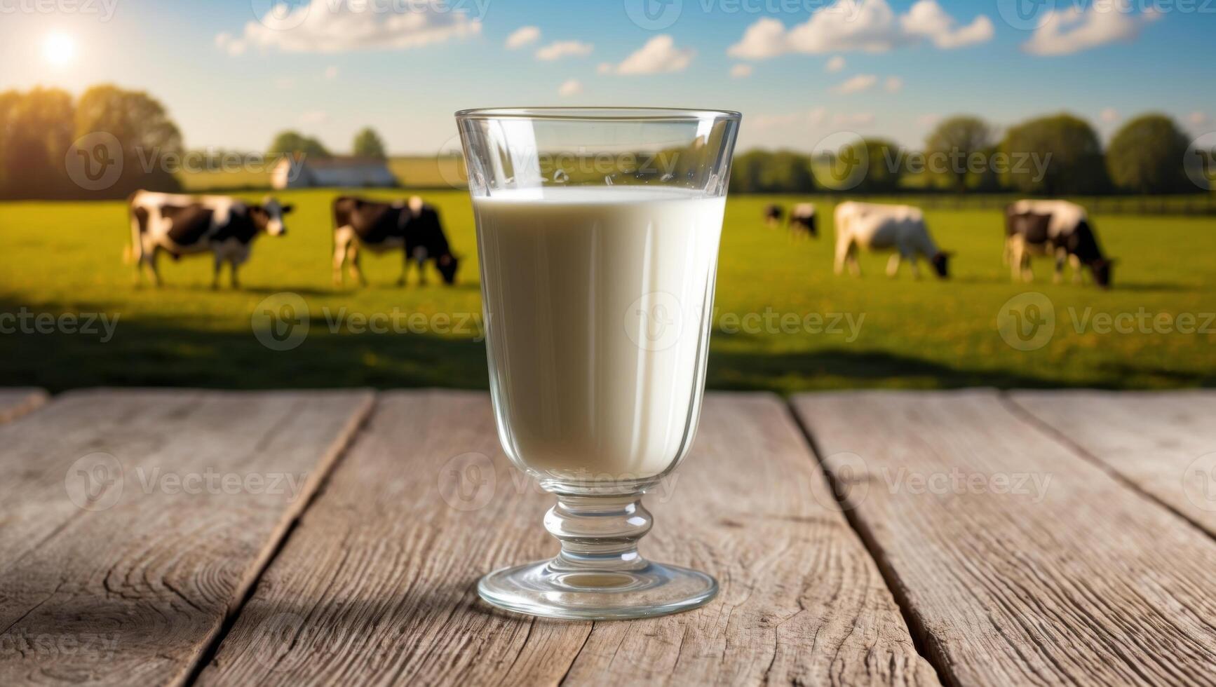A glass of milk on a wooden table in front of cows photo
