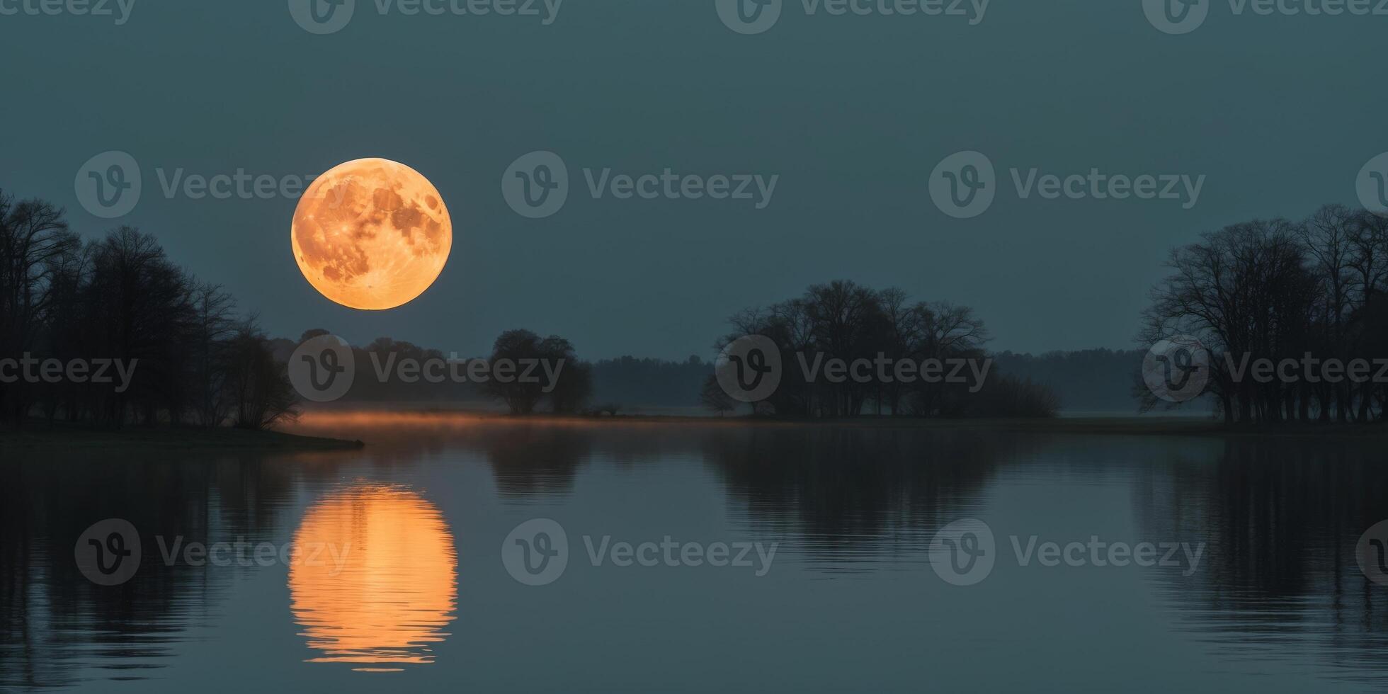 A full moon rises over a lake in the evening photo