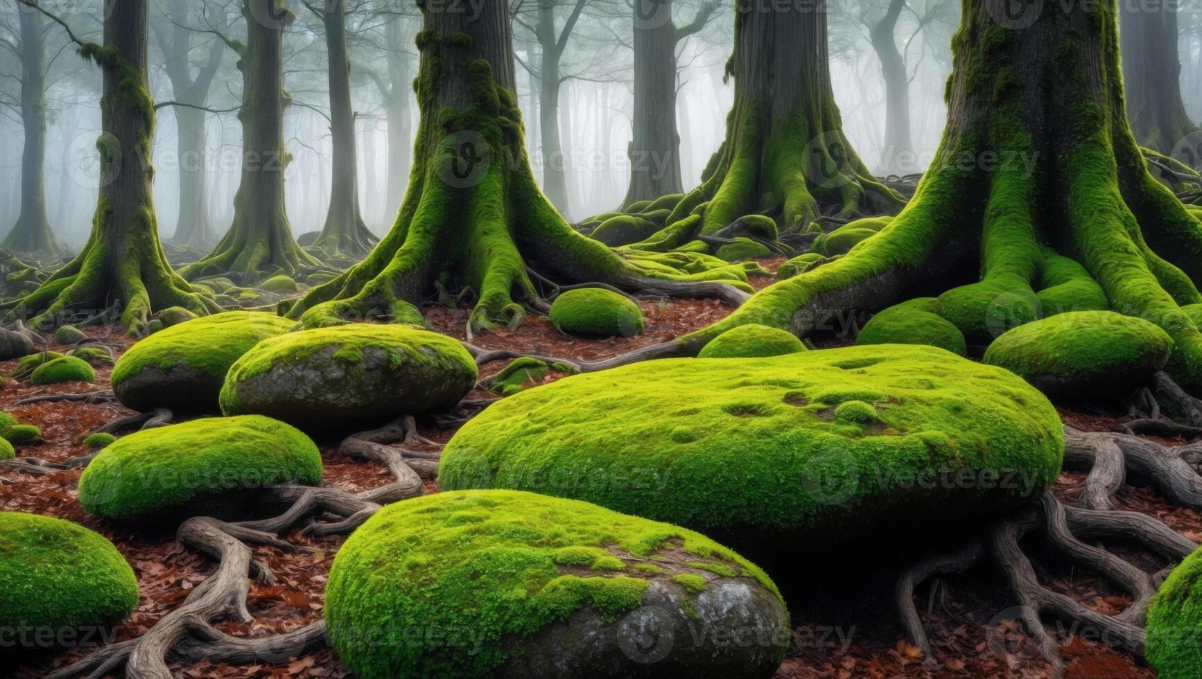 A forest with green mossy trees and rocks photo
