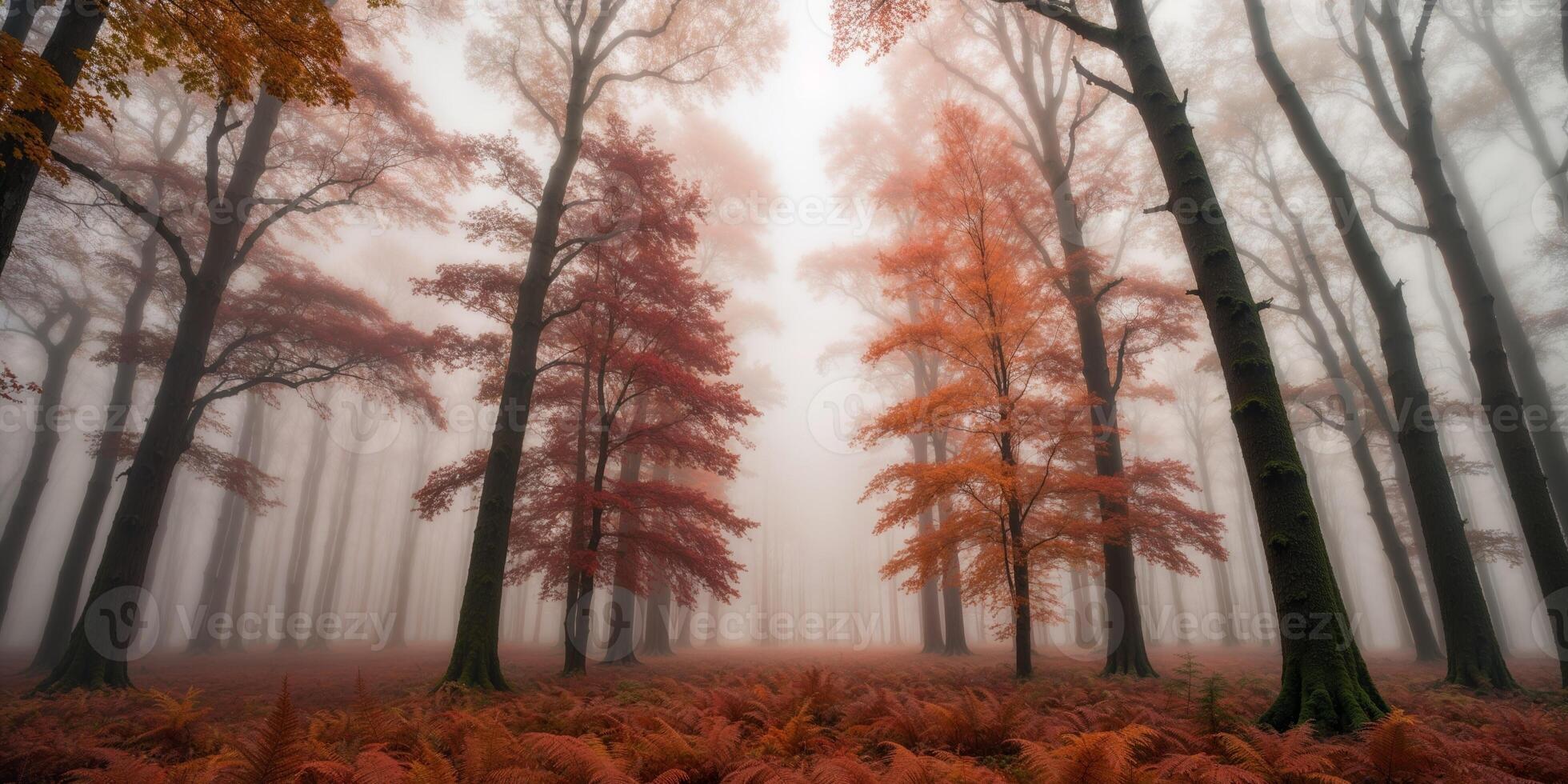 View of a cool forest full of mist in autumn. photo