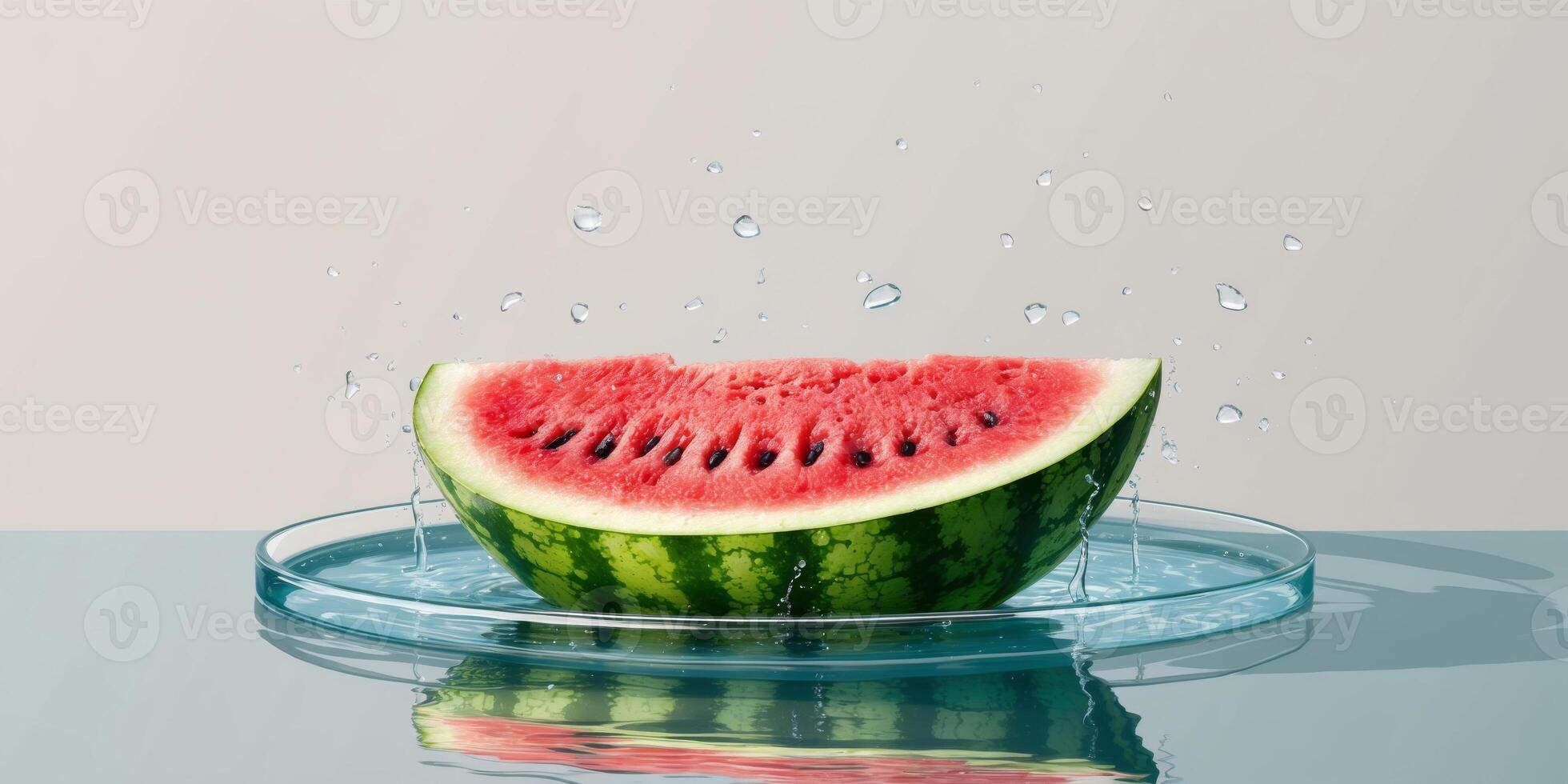 A watermelon is cut into slices and is sitting in a pool of water. photo